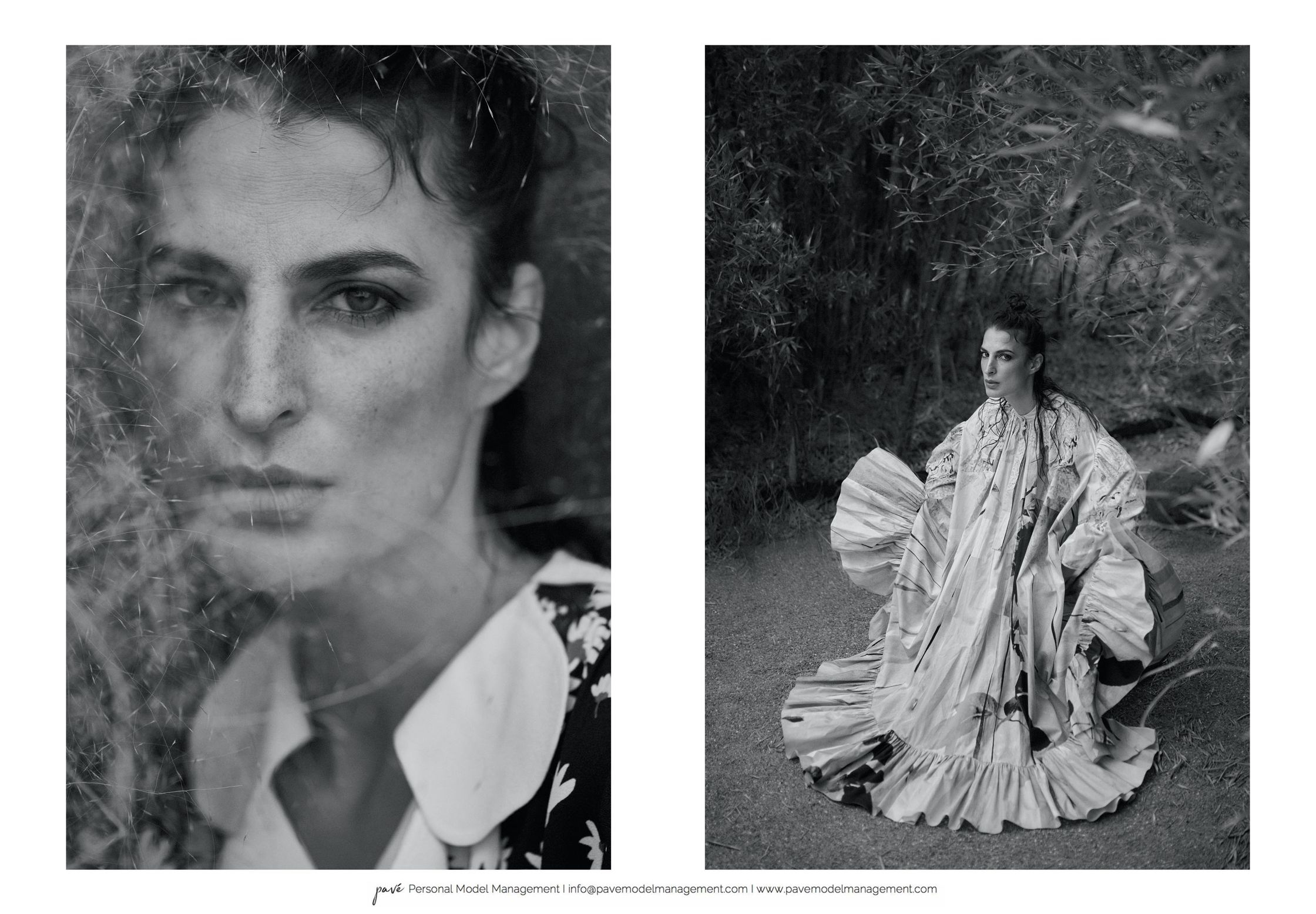 A diptych of a woman in black and white: a close-up of her face partially obscured by plant fronds, and her full body in an oversized ruffled dress sitting amongst tall grasses.