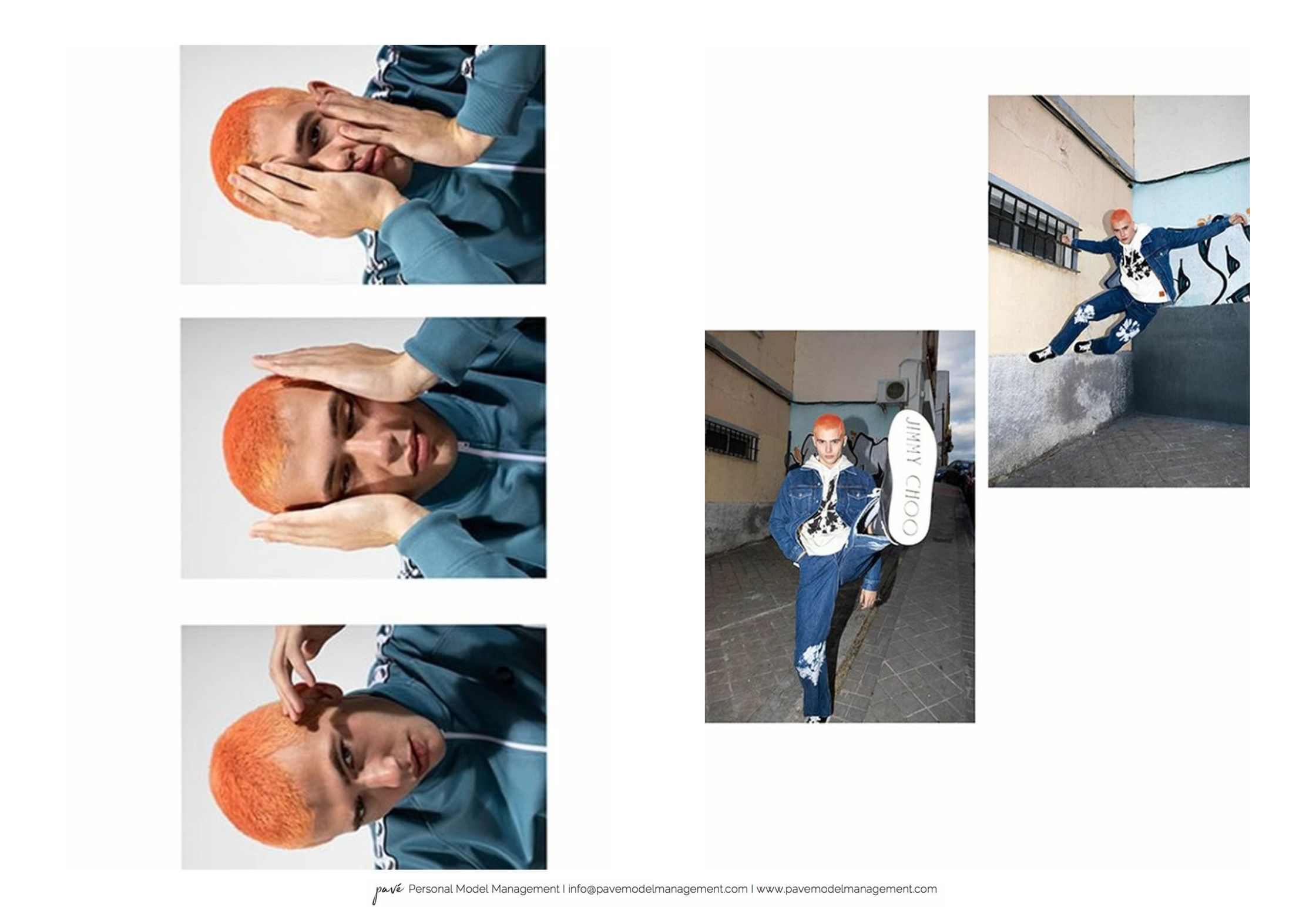 A composite image featuring a person with orange hair and blue tracksuit in three close-up portraits, with two images of the same person holding a Jimmy Choo skateboard, one posing and one jumping in an urban setting.