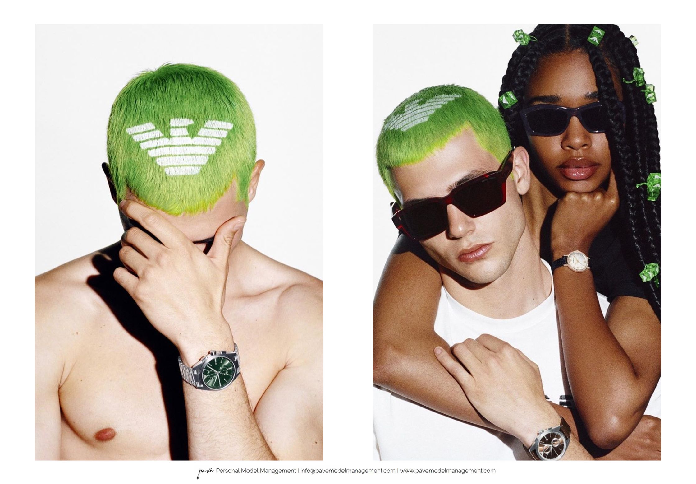 A man with green hair and an Armani logo shaved into the back of his head, shown alone and then with a woman embracing him from behind.