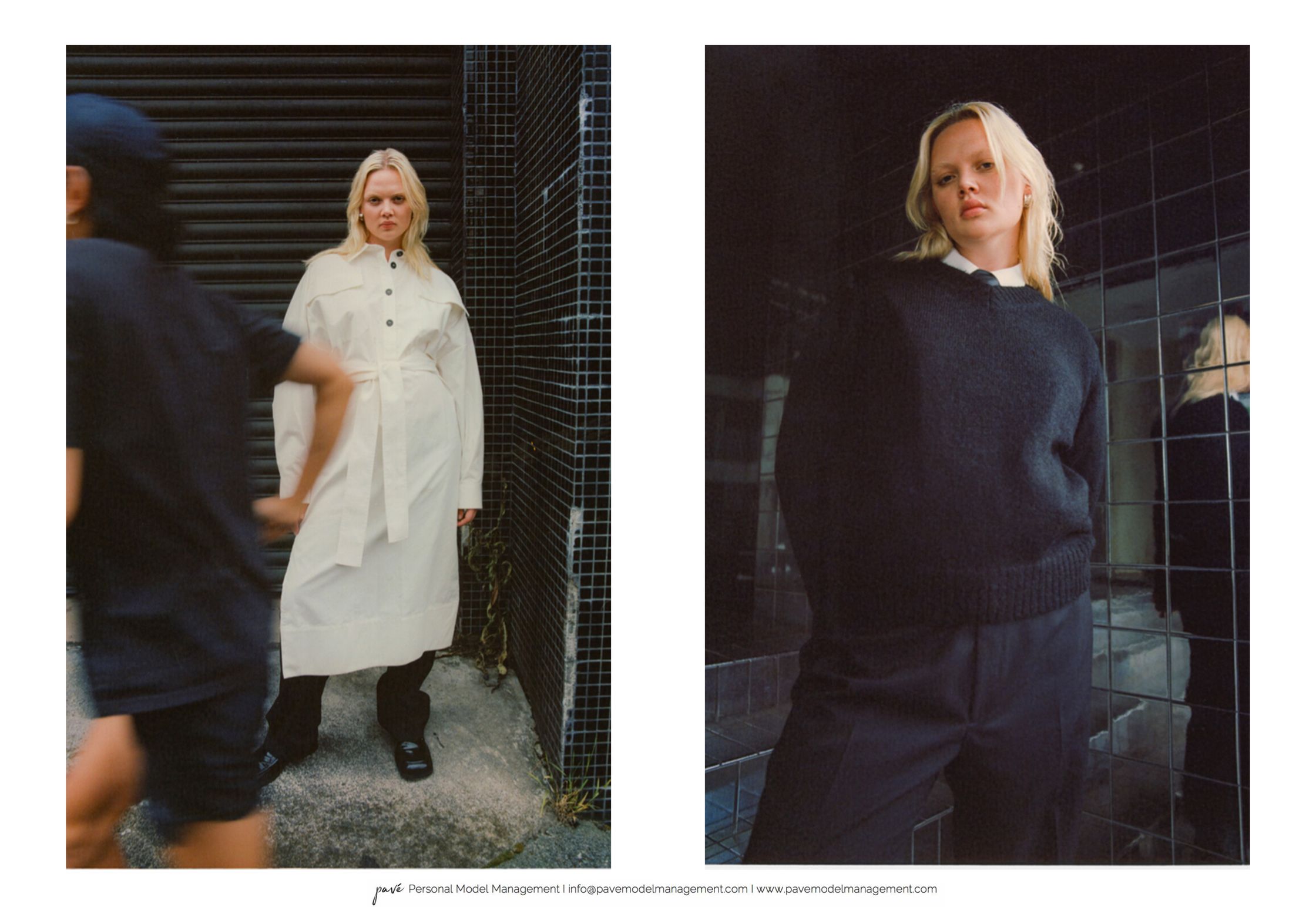 Two images side-by-side show a fair-skinned blonde woman in different outfits against a dark-tiled background, with another person blurred in the foreground of the left image.