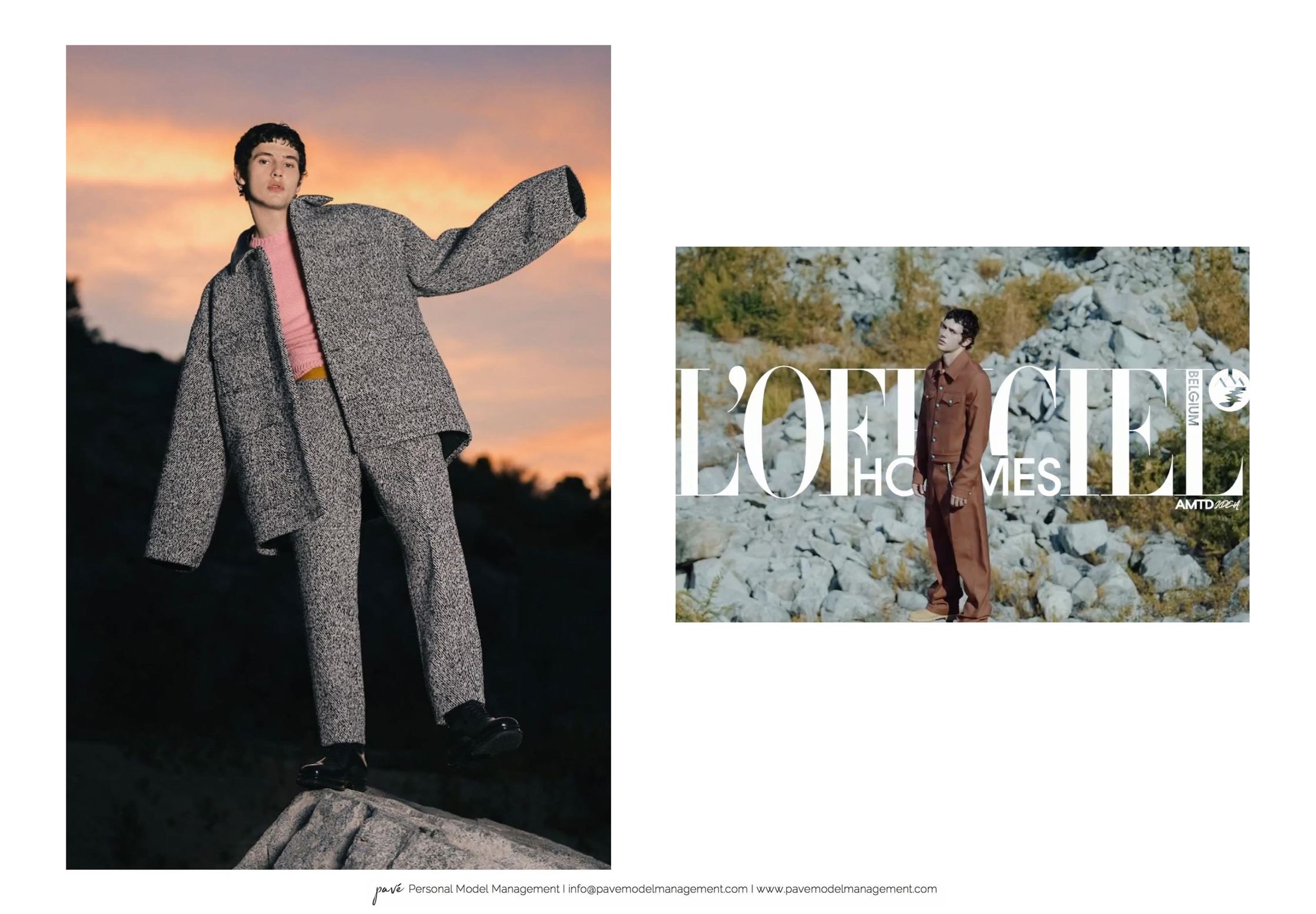 A young man in a tweed suit and pink shirt poses on a rocky landscape with a sunset sky, alongside a smaller magazine cover featuring another man in a brown outfit on a rocky terrain.