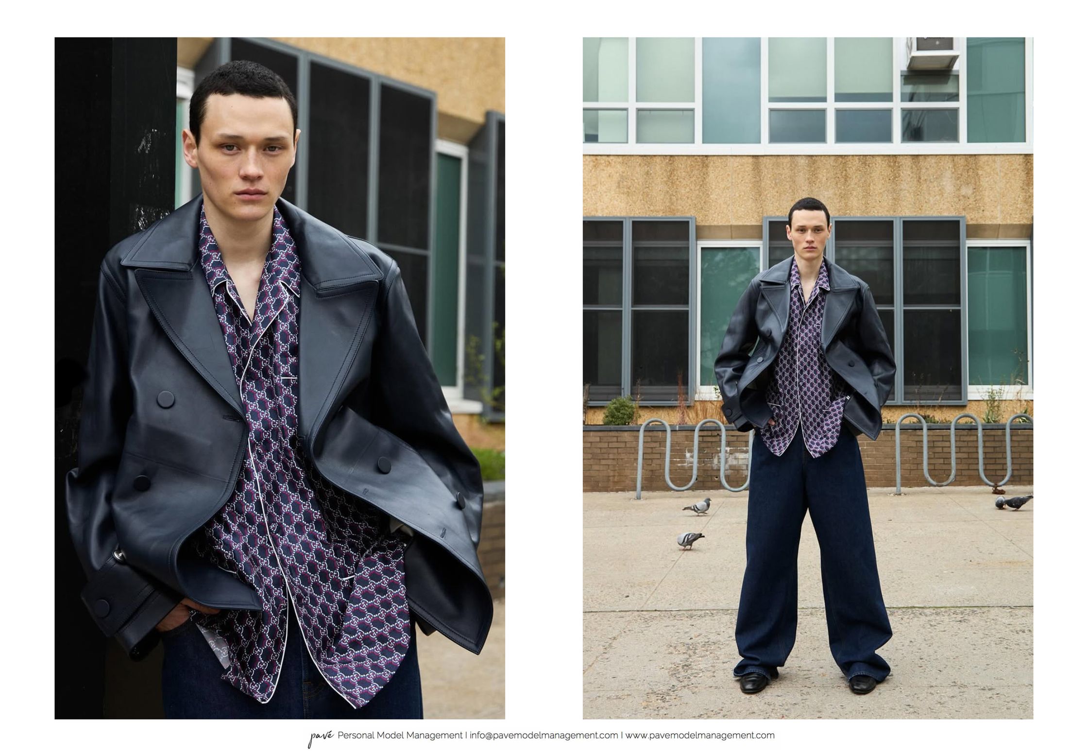 A model in a black leather jacket and patterned shirt is shown in two full-length photos, one a close-up and the other a full body shot on a city street.