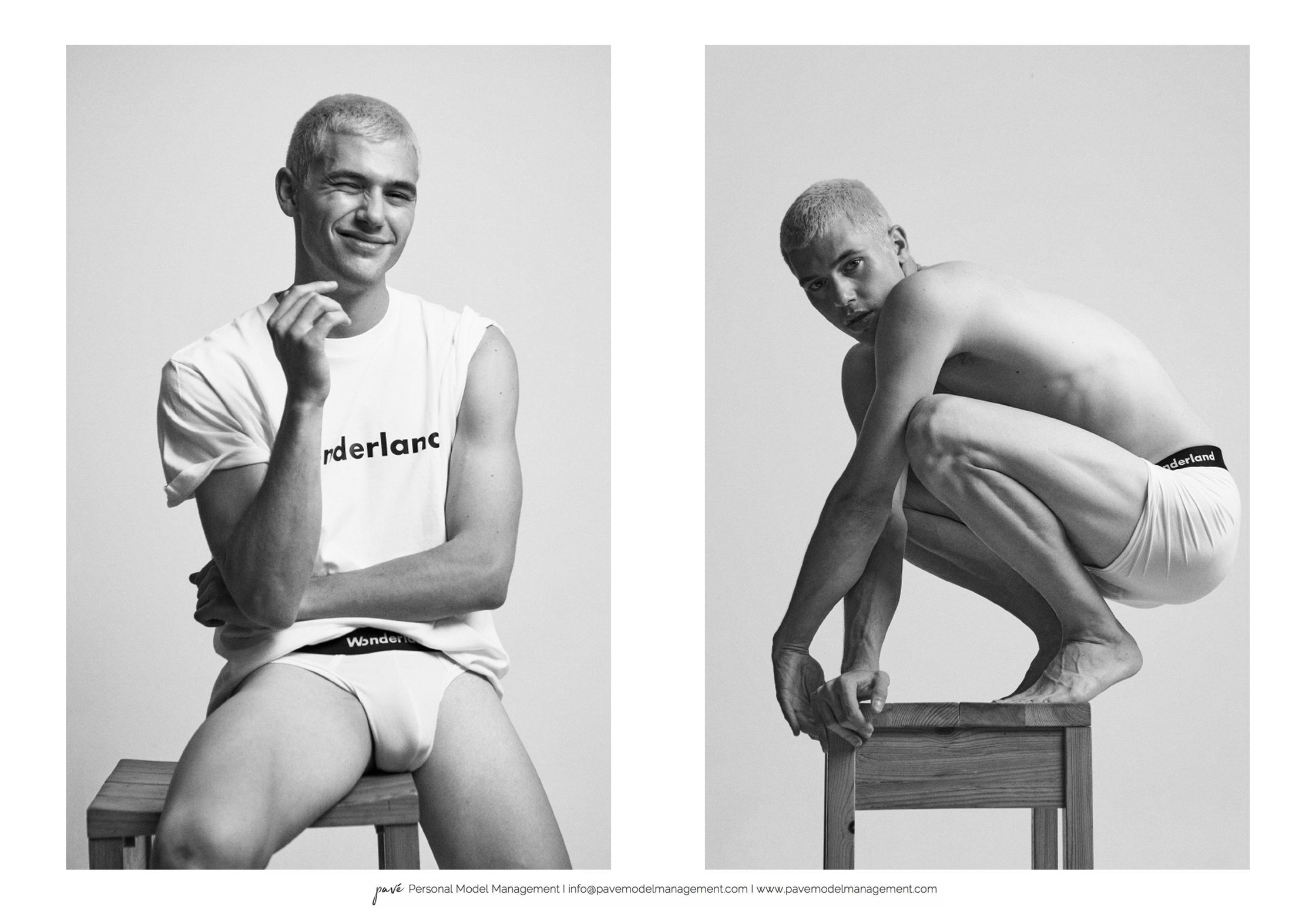 A split black and white image shows a man with short blonde hair posing in underwear, on the left smiling and winking while seated, and on the right squatting on a stool.