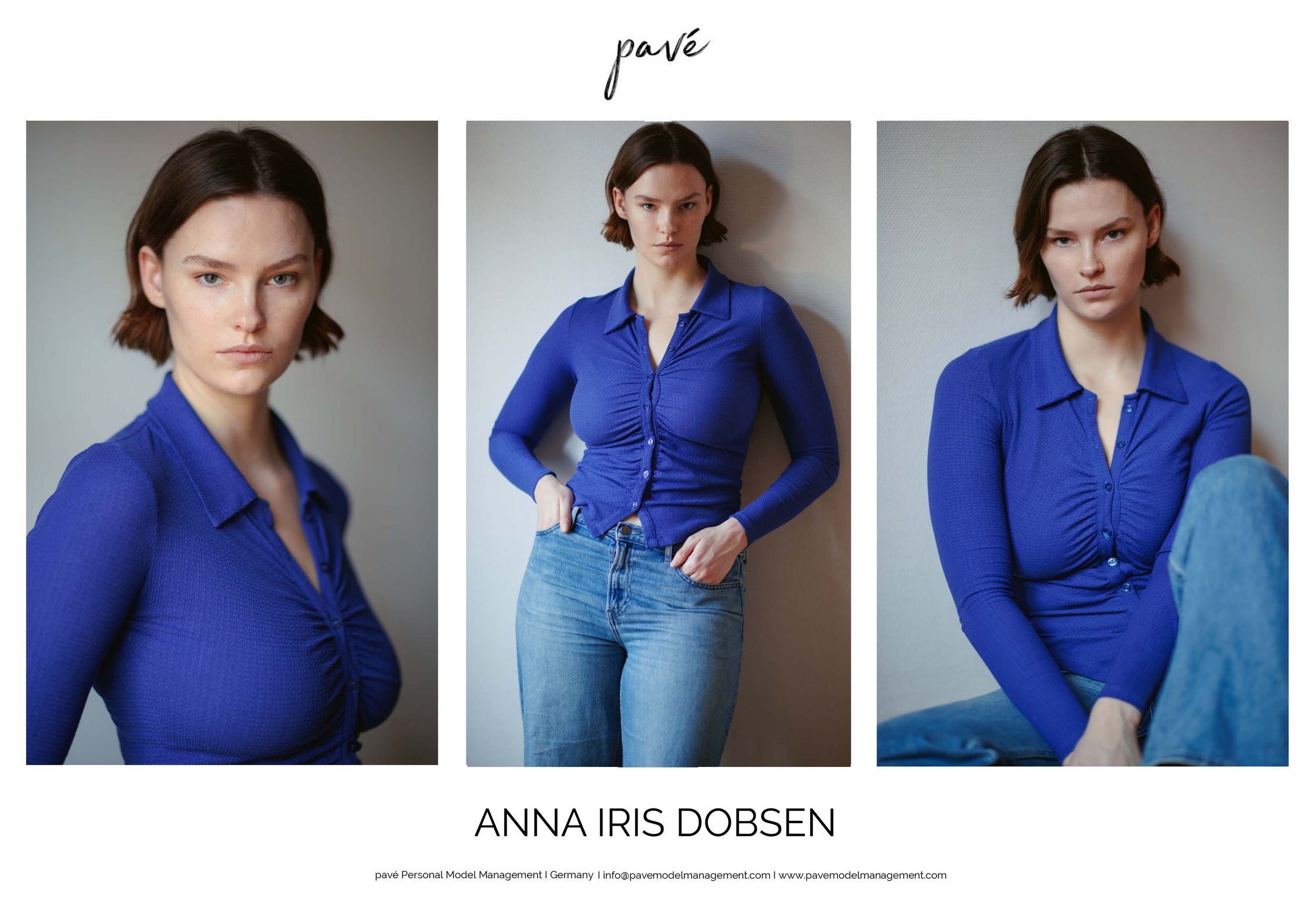 A model composite card featuring three images of Anna Iris Dobsen in a blue shirt and jeans, against a light gray background.