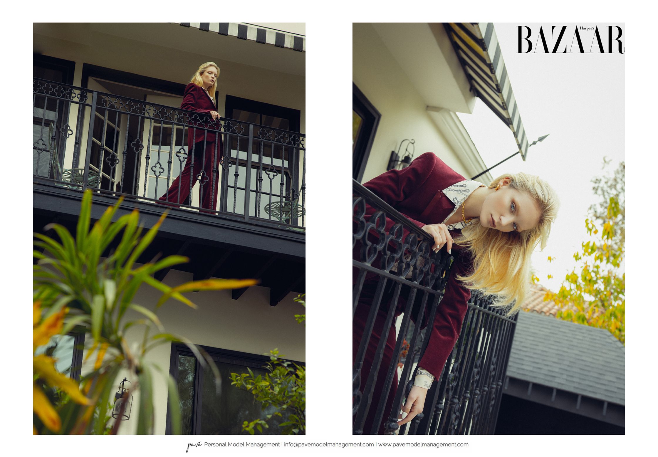 A blonde woman in a burgundy suit poses on a balcony in two different frames, one whole body and one upper body.