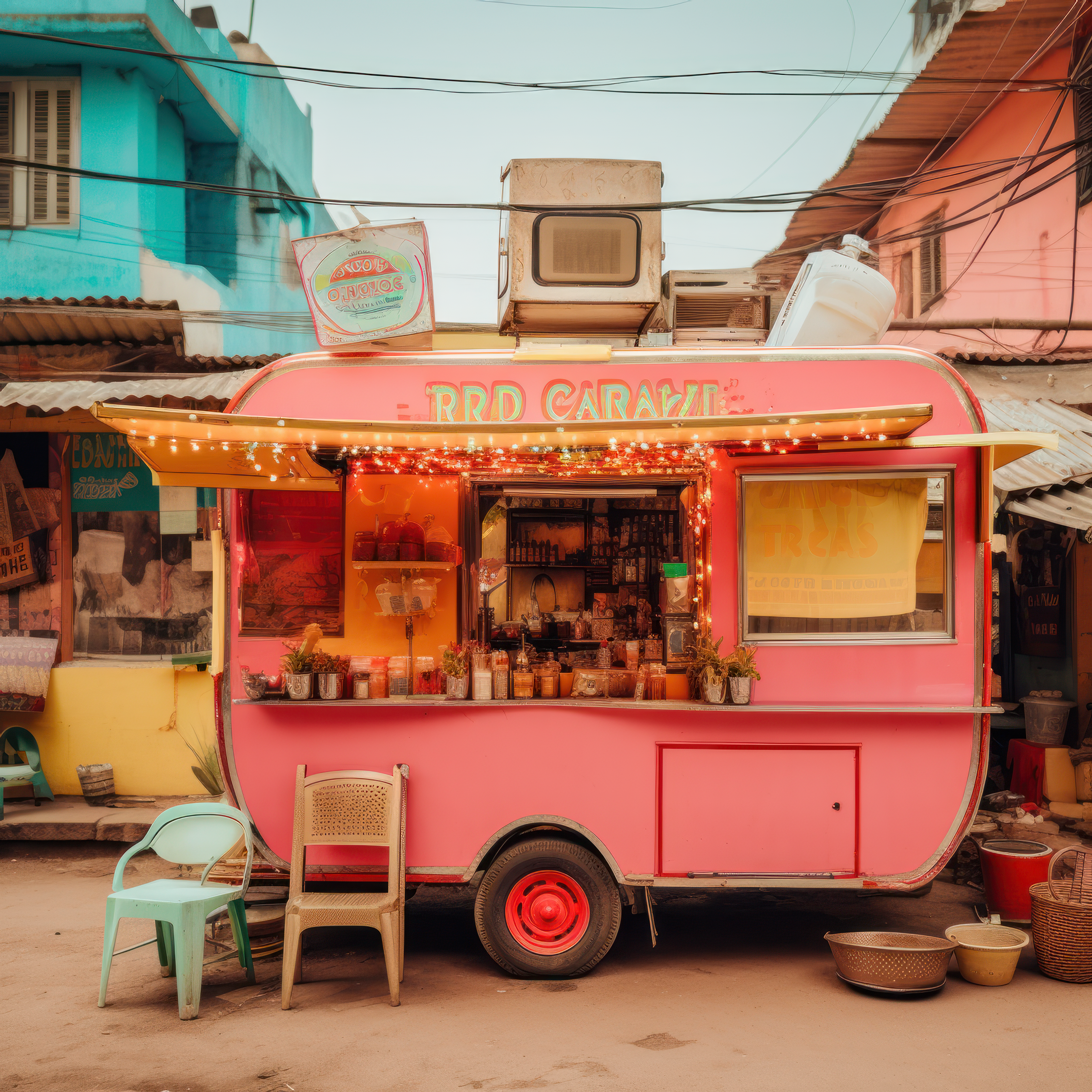 a pink food truck parked in front of a colorful building