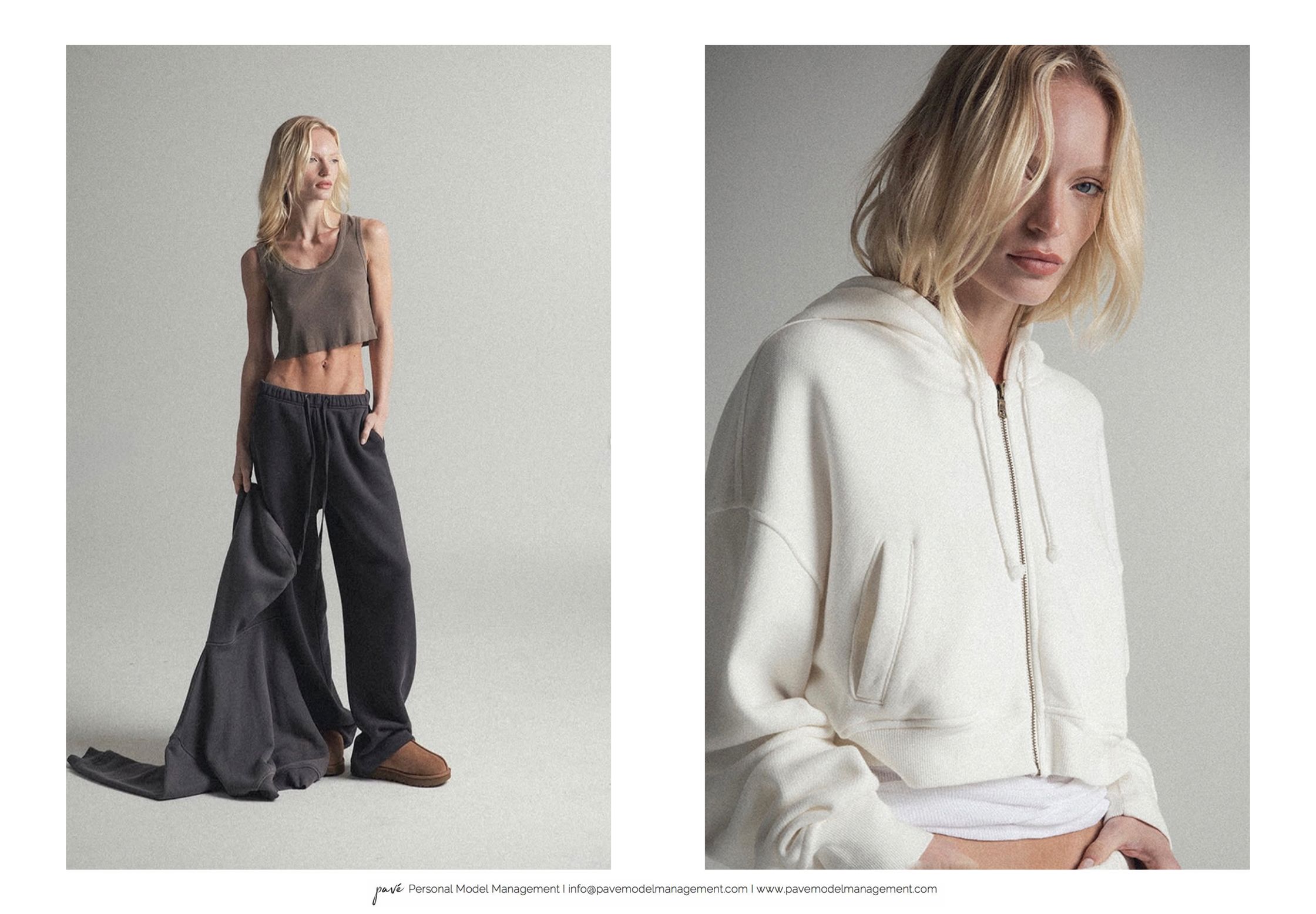 A duo of images feature a blonde woman: one full-body shot in a brown crop top and baggy sweatpants, and a close-up of her in a cream zip-up hoodie.