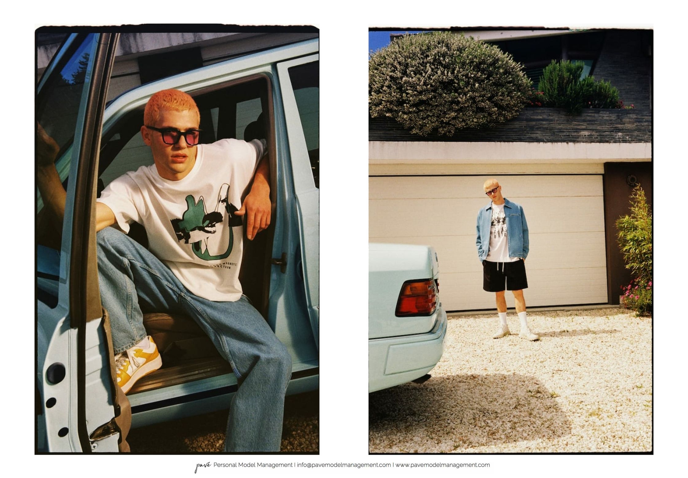 A male model with orange hair, wearing a graphic tee, jeans, and sunglasses, sits in a car and stands in a driveway.