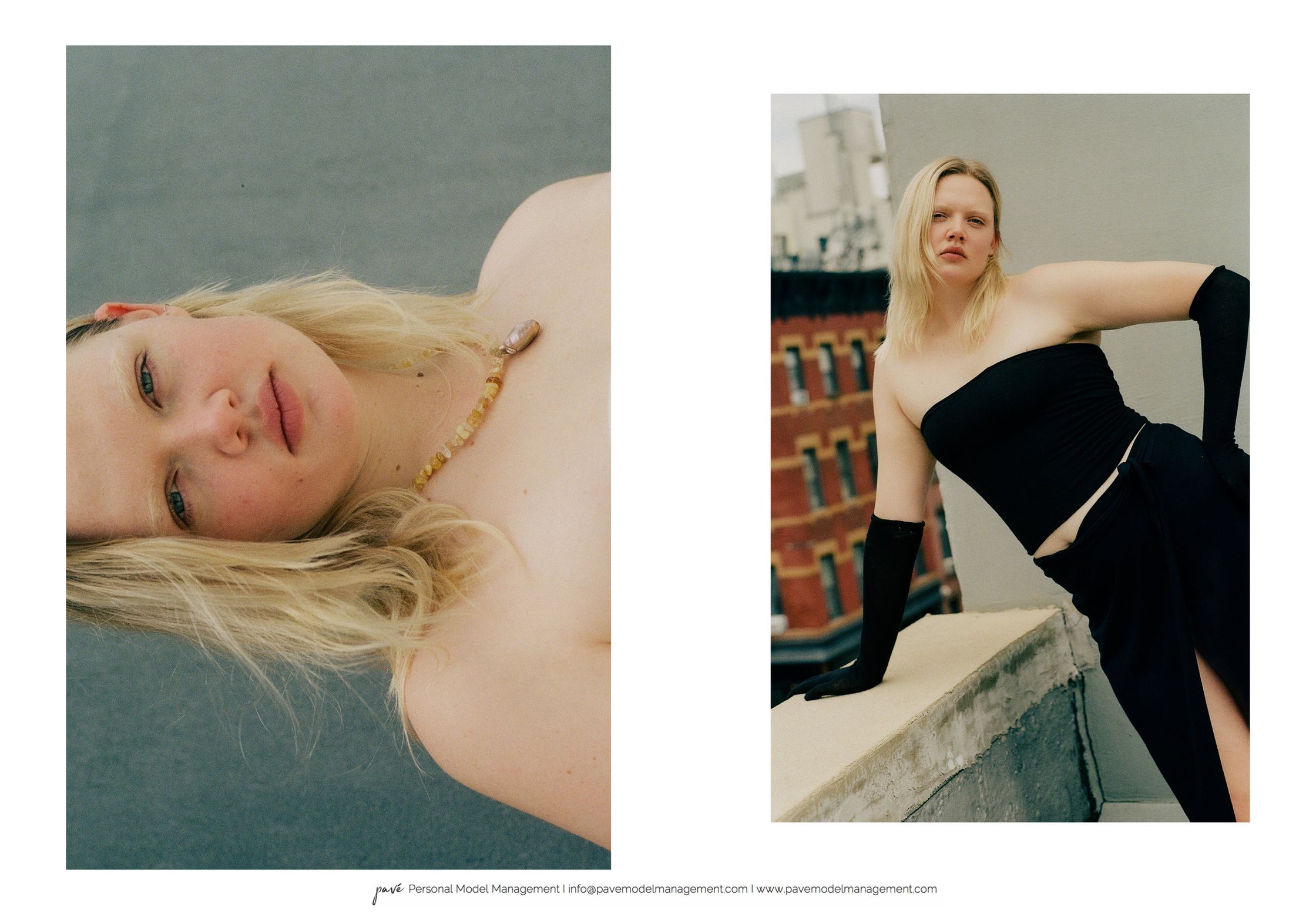 A blonde woman with blue eyes and a beaded necklace looking at the viewer on the left, next to another photo of the same woman posing in a black strapless top with long gloves and a skirt on a building ledge.