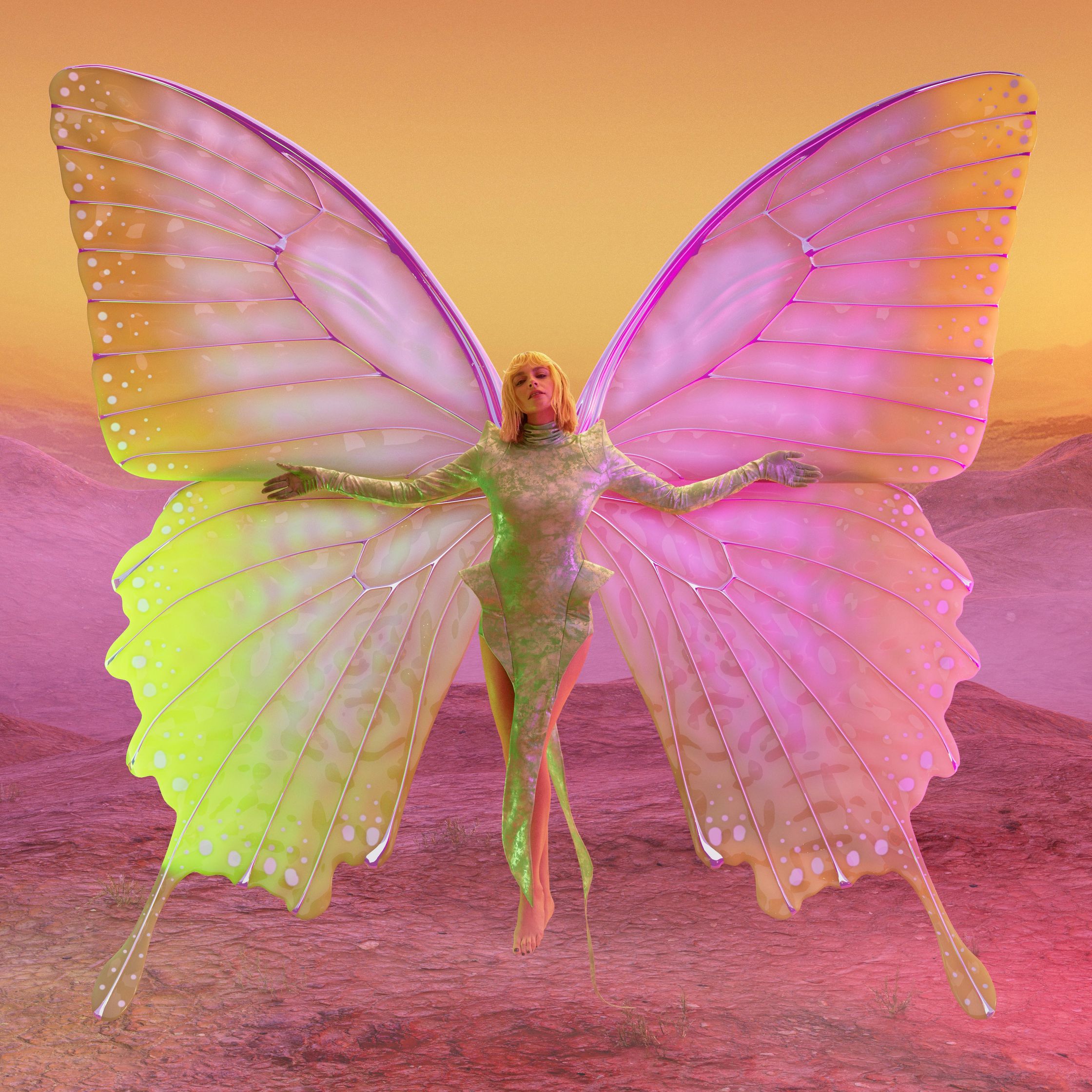 a woman with a colorful butterfly wings