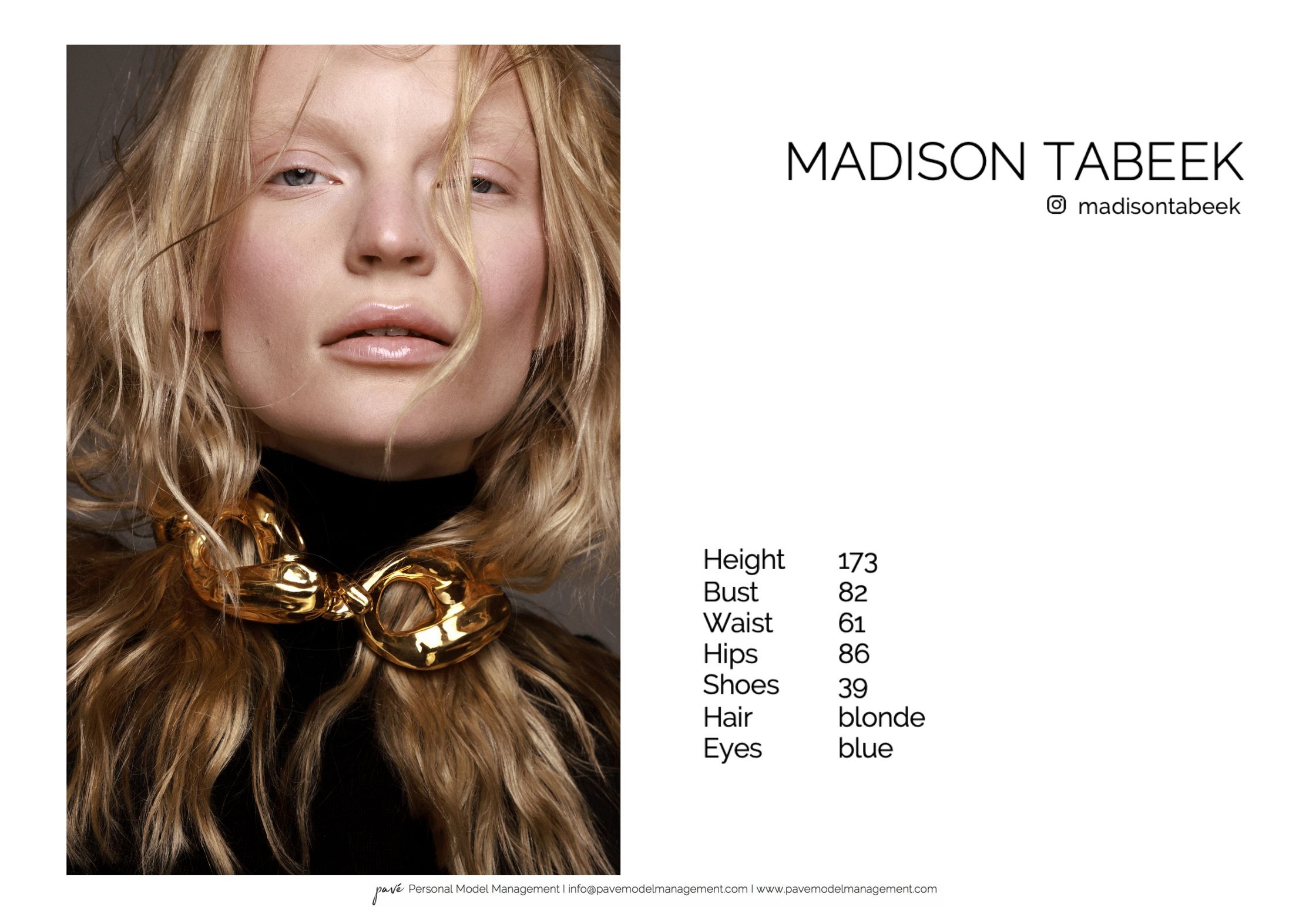 A close-up of Madison Tabeek wearing a large gold chain necklace over a black turtleneck, with her model statistics listed to the right.