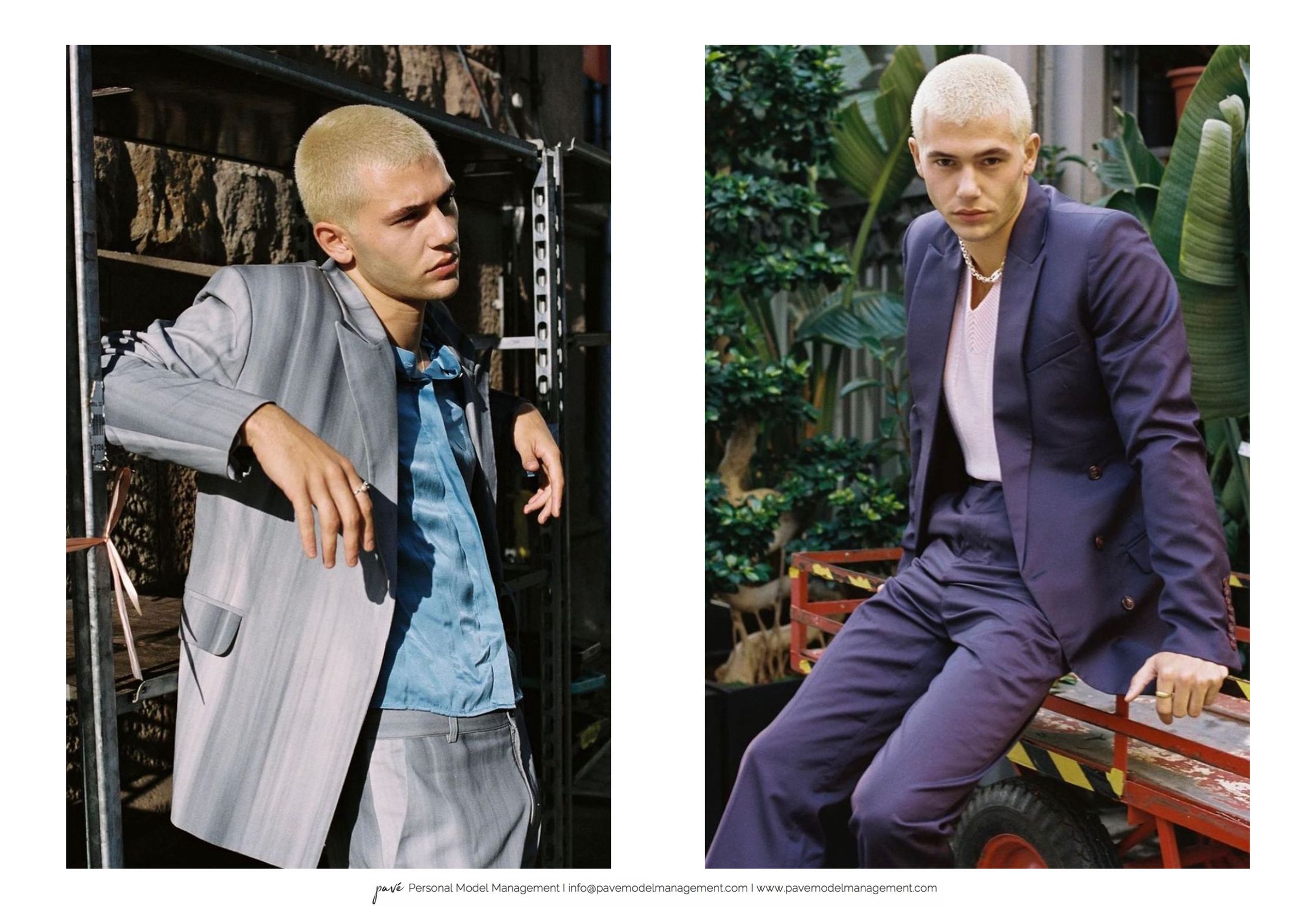 A male model with bleached buzz-cut hair poses in two different suits, a light grey pinstripe suit and a dark blue suit, across two images.