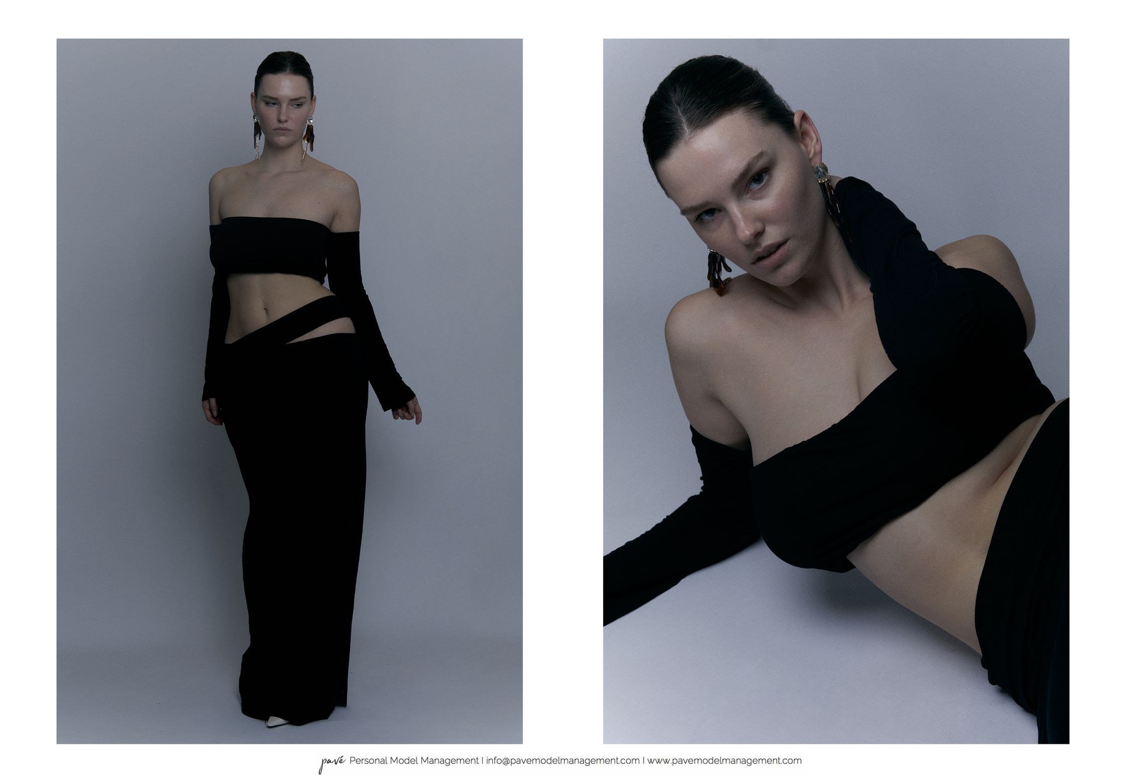 A full-length photo of a woman in a black top and skirt alongside a close-up of her in the same outfit.