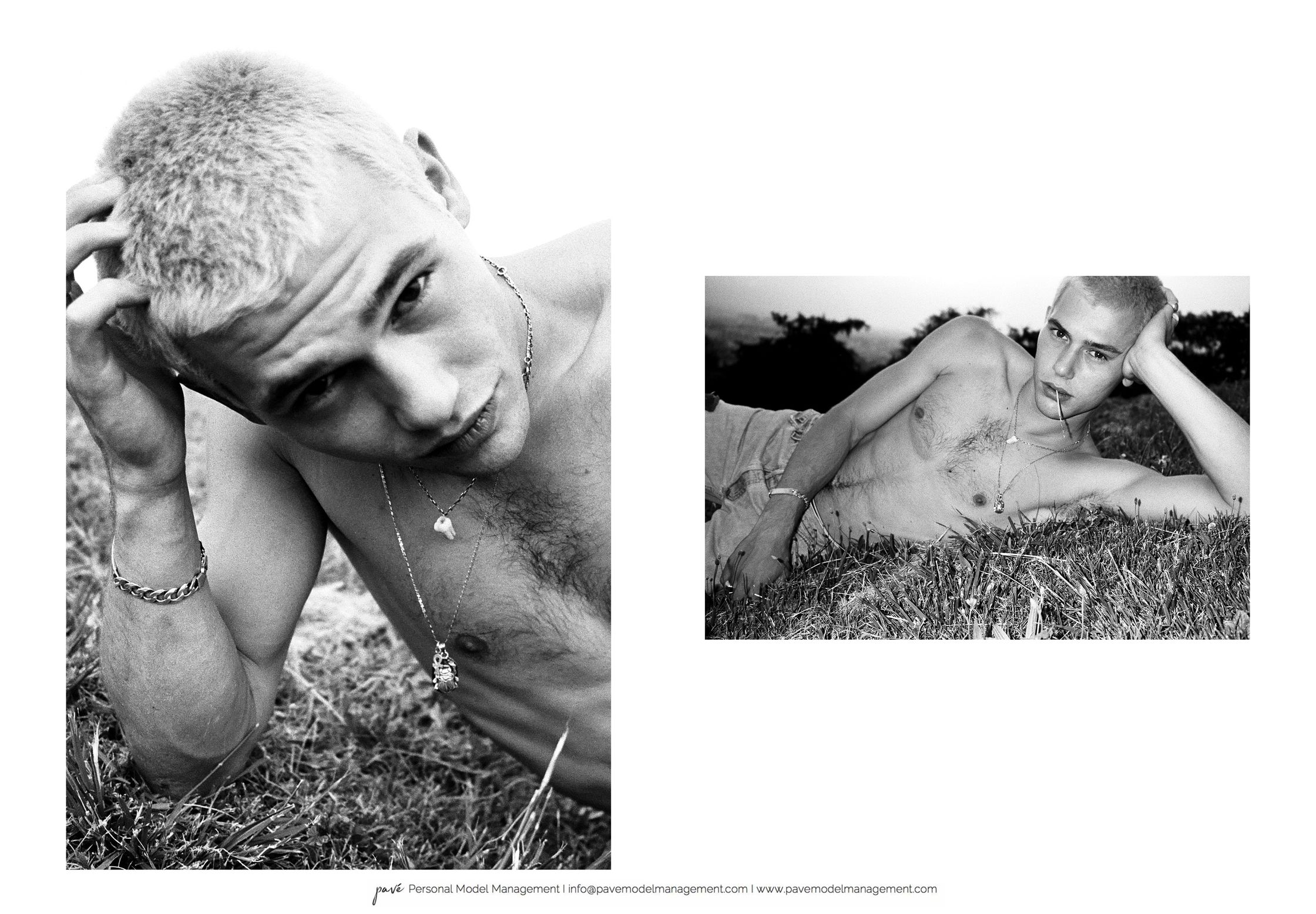Two black-and-white portraits of a shirtless man with short, bleached hair lying in grass.