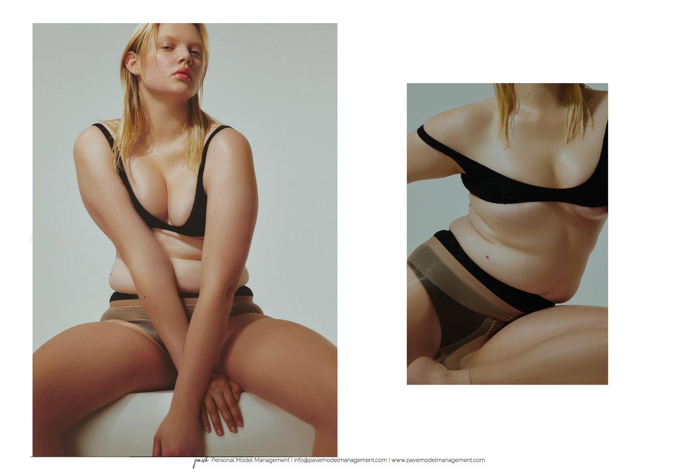 A blonde woman in a black bra and sheer brown underwear is shown in two poses.