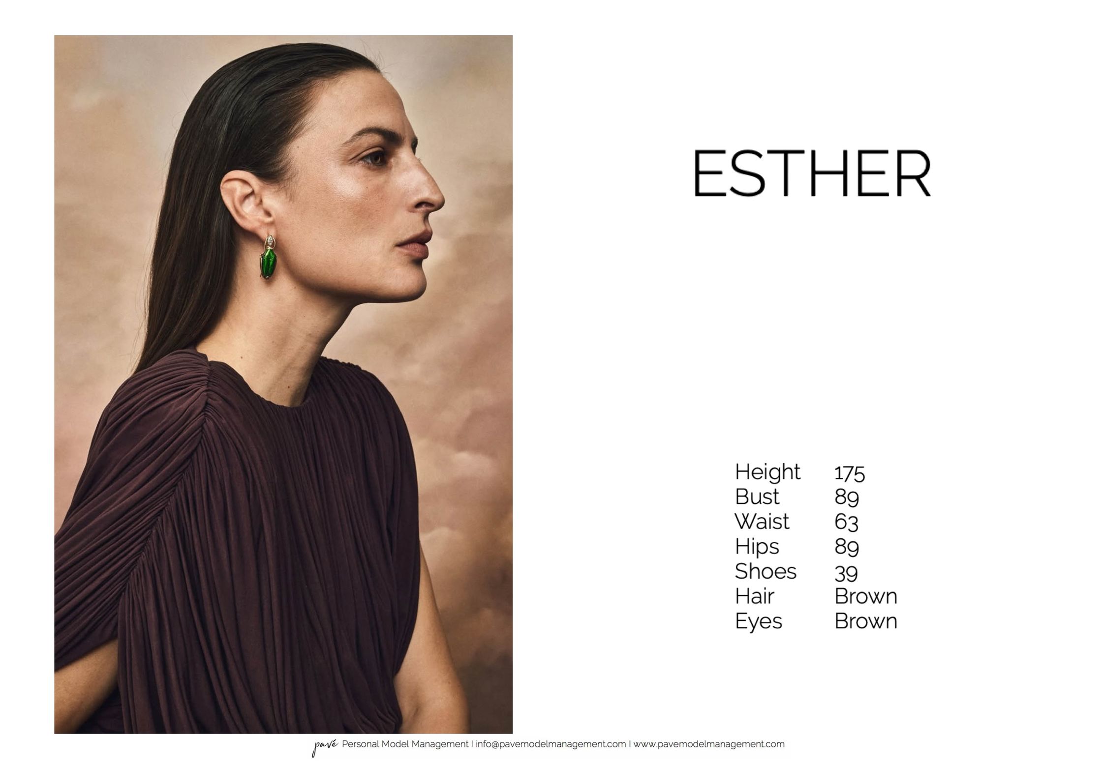 Model Esther with profile view wearing a dark pleated top and green earrings, beside her personal measurements.