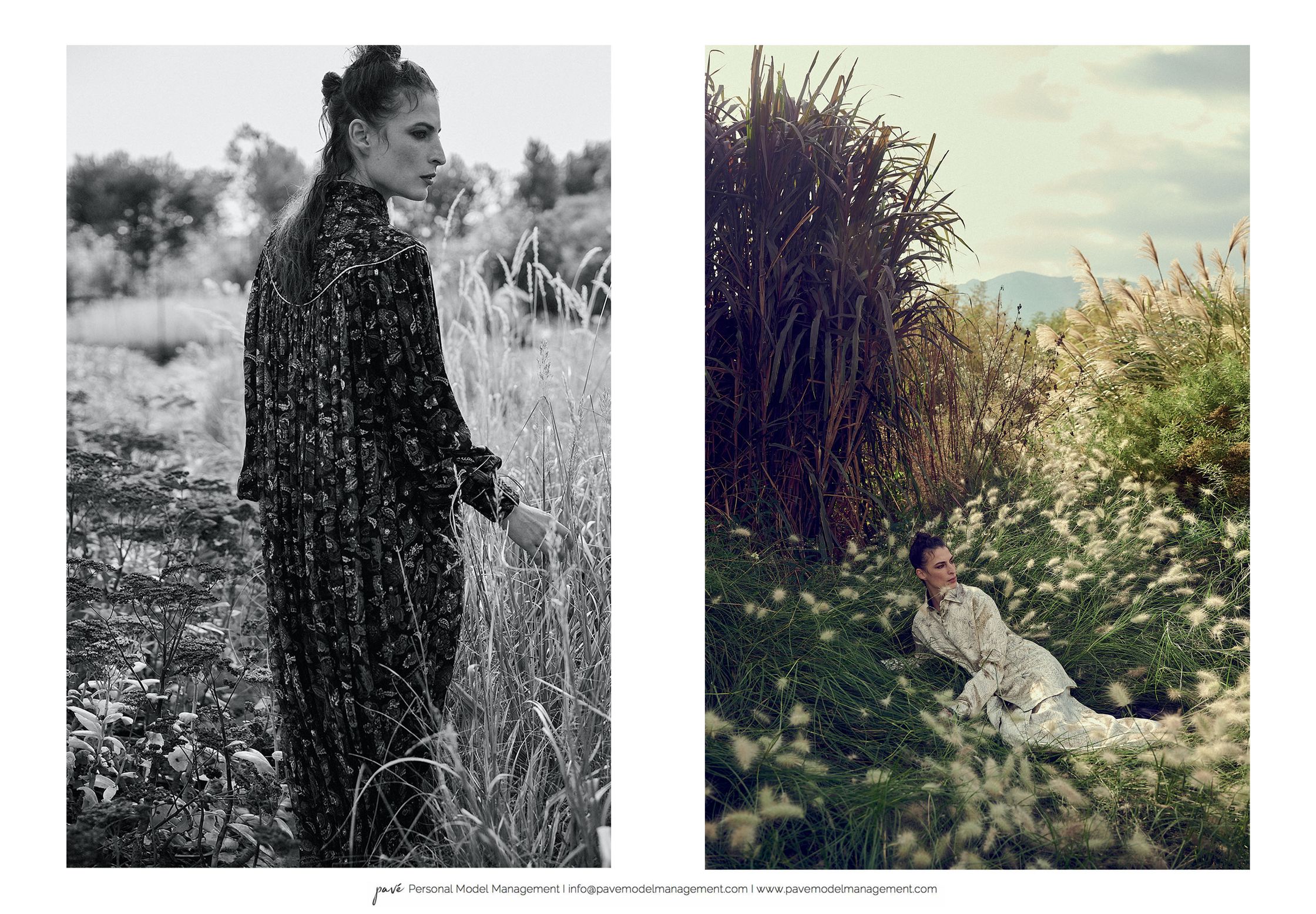 Split image with a woman in a long dress walking through a field in black and white on the left, and a woman lying in tall grass in color on the right.