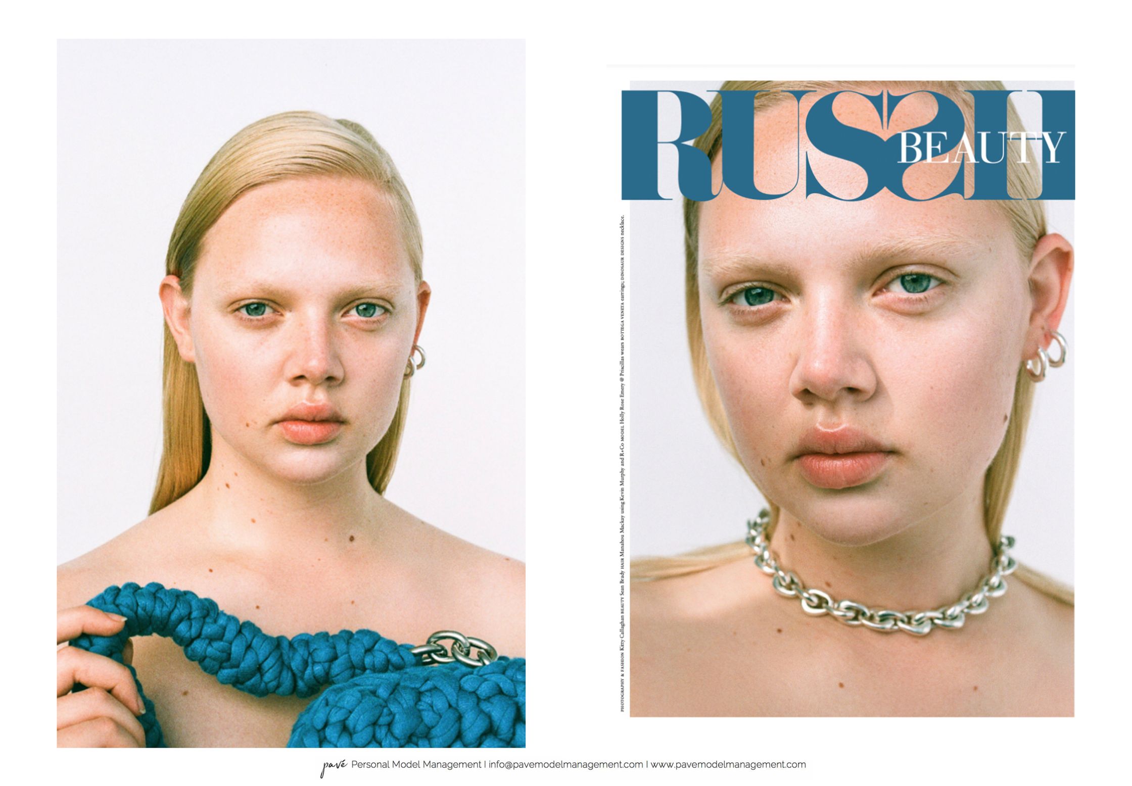 A split image shows a woman with blonde hair, light skin, and light blue eyes wearing a chunky blue knit top on the left and a silver chain necklace on the right, with "RUSH BEAUTY" text on the right side.