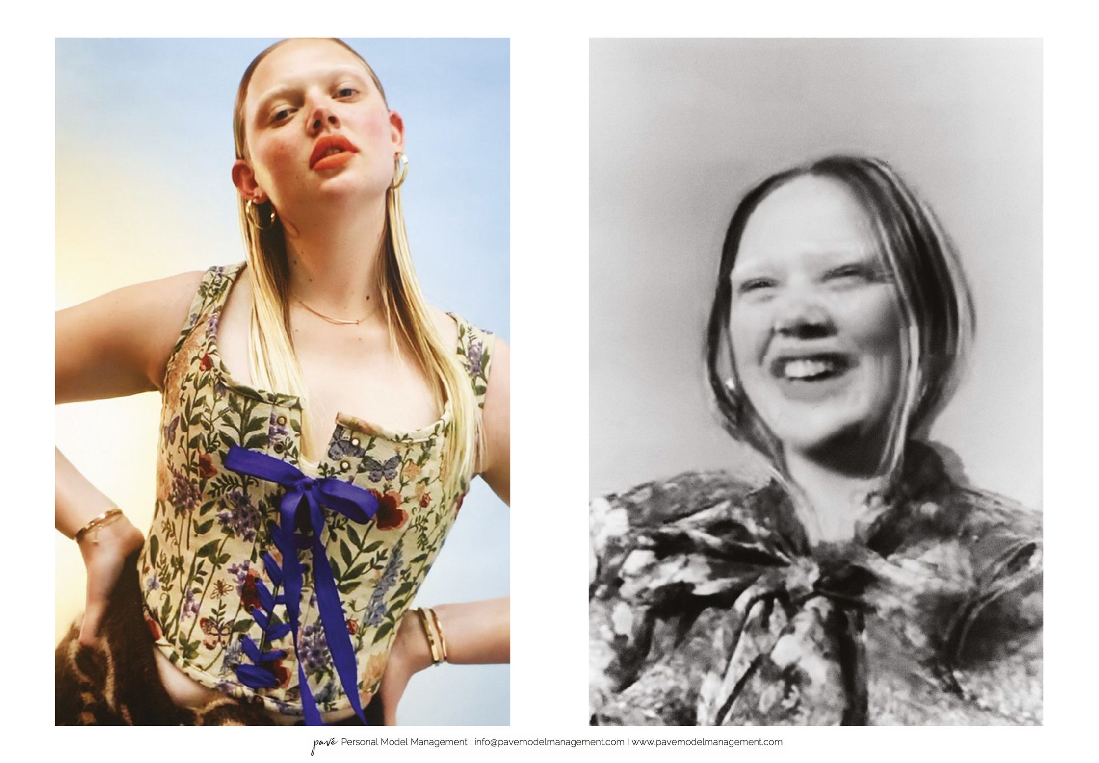 A diptych of a model, the left a color shot of her in an elaborate corset looking up, and on the right a blurry monochrome shot of her laughing.