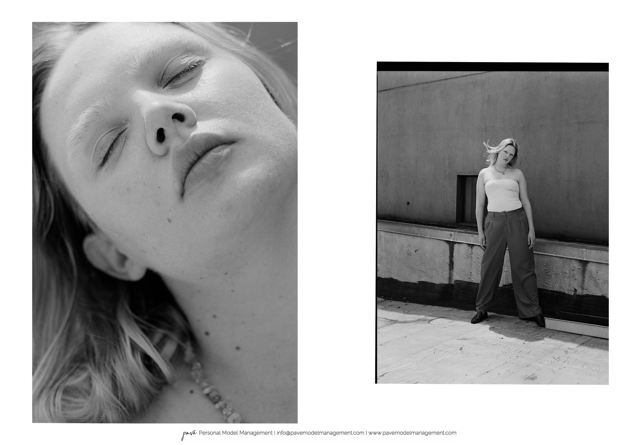 A split-screen, black and white image features a close-up of a person with closed eyes on the left and a full-body shot of a woman standing against a wall on the right.