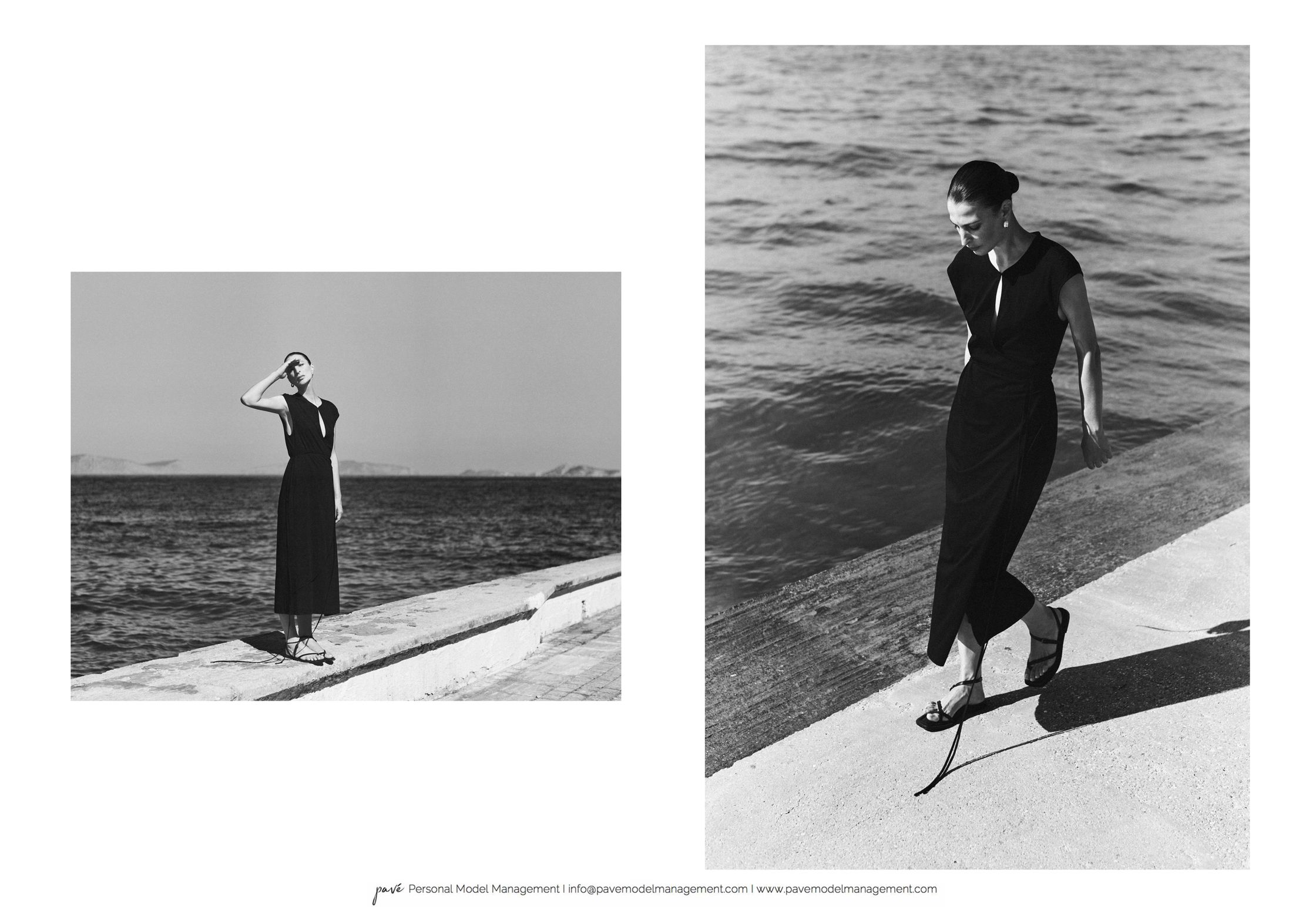A two-panel black and white photo shows a woman in a long black dress standing on a concrete pier overlooking the ocean.