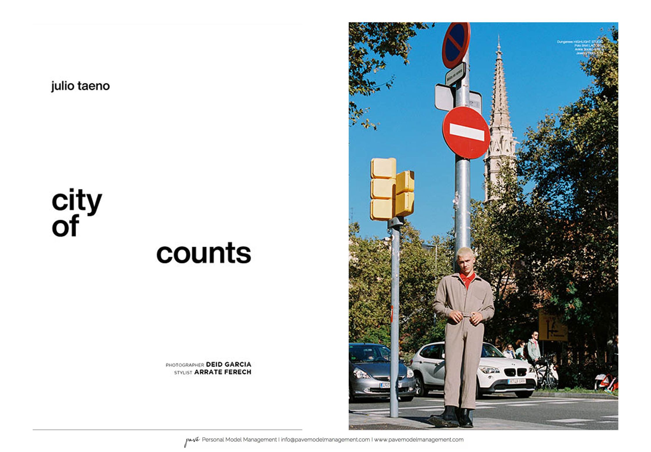 A two-page editorial spread showing a model in a beige jumpsuit on the right next to traffic signals and a church steeple, and text on the left.