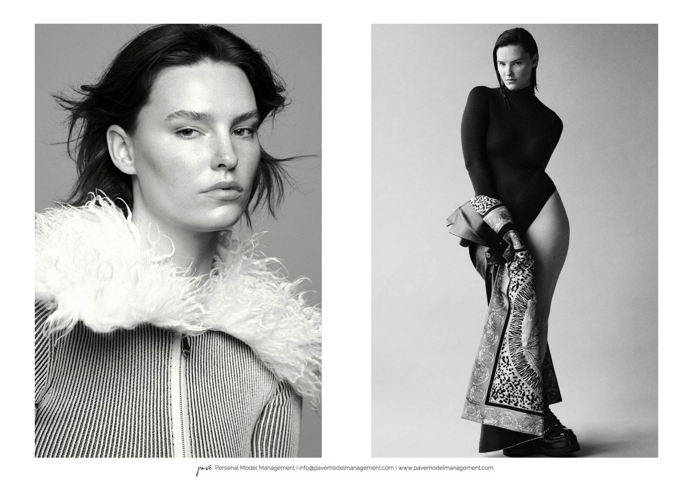 Two black and white fashion photographs of a model on a light grey background.