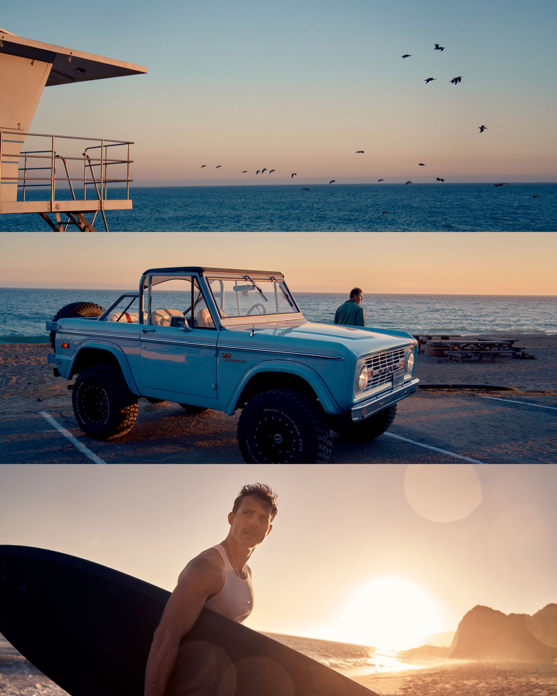 a man is holding a surfboard in front of a blue truck