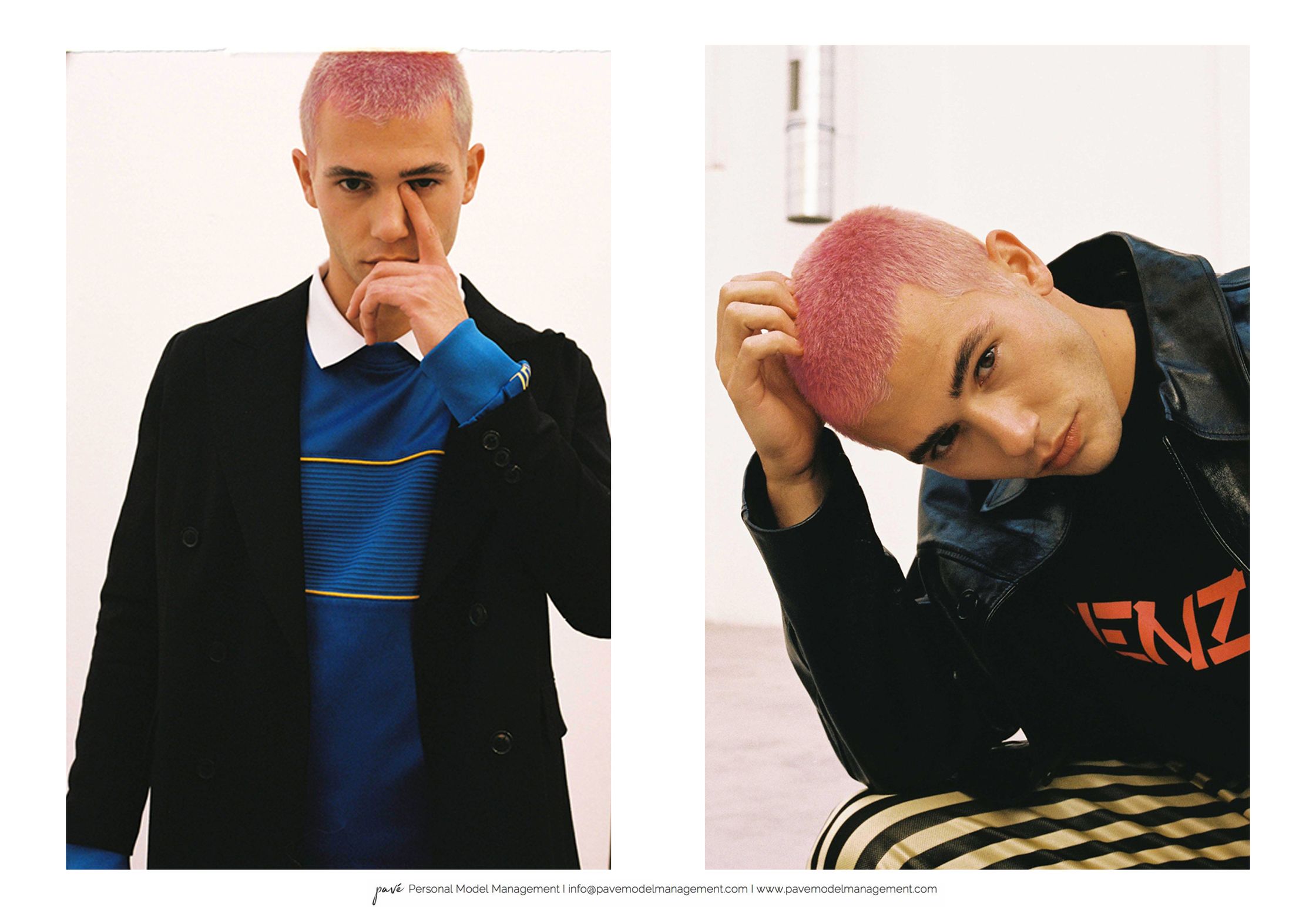 A comparison of a man with pink hair posing in two different outfits and settings.