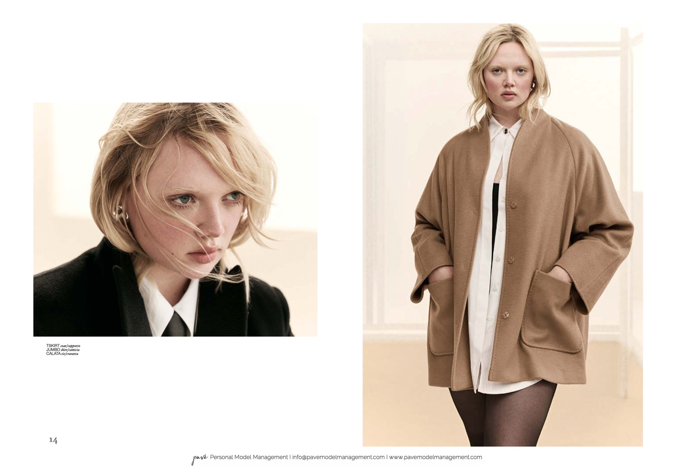 A blonde woman in a black and white close-up shot and another full-body shot wearing a long brown coat.