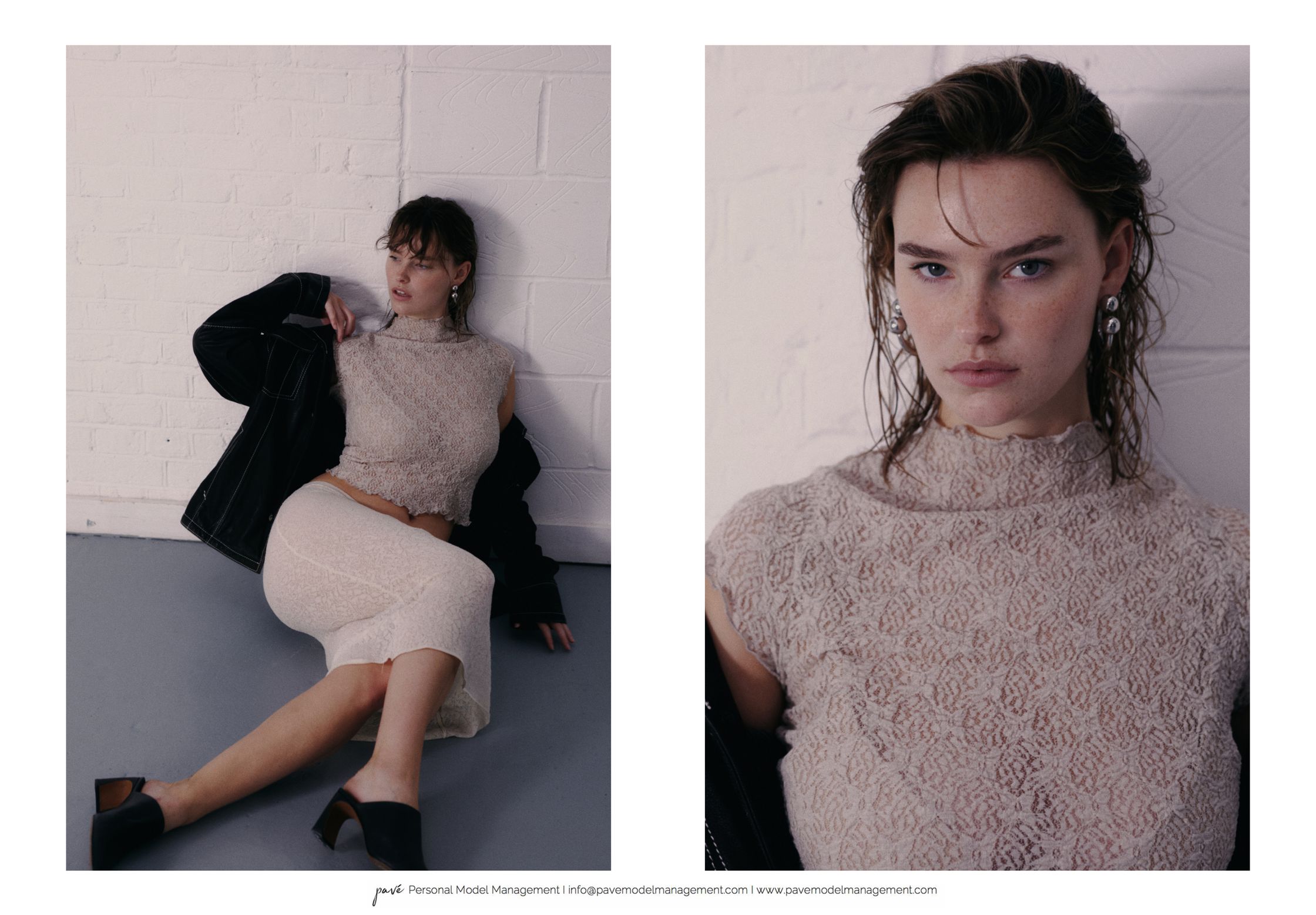 A two-panel image, the left shows a woman in a beige outfit and black jacket sitting against a white brick wall, and the right shows a closeup of her face and top.