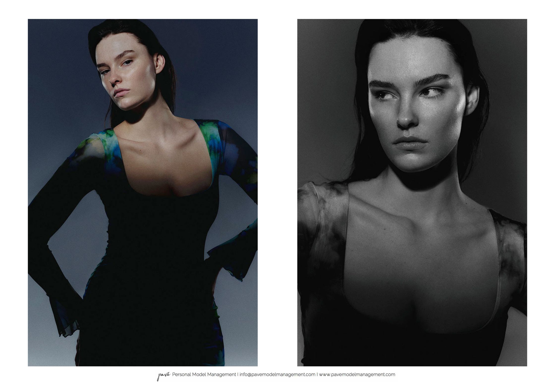 A young woman in a dark dress with colorful sleeves poses in two different shots, one in color and one in black and white.
