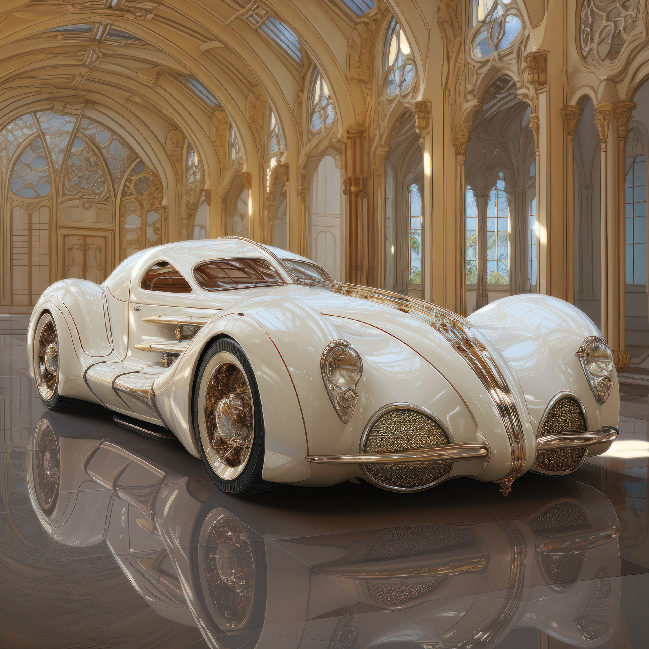 a white car in an ornate room