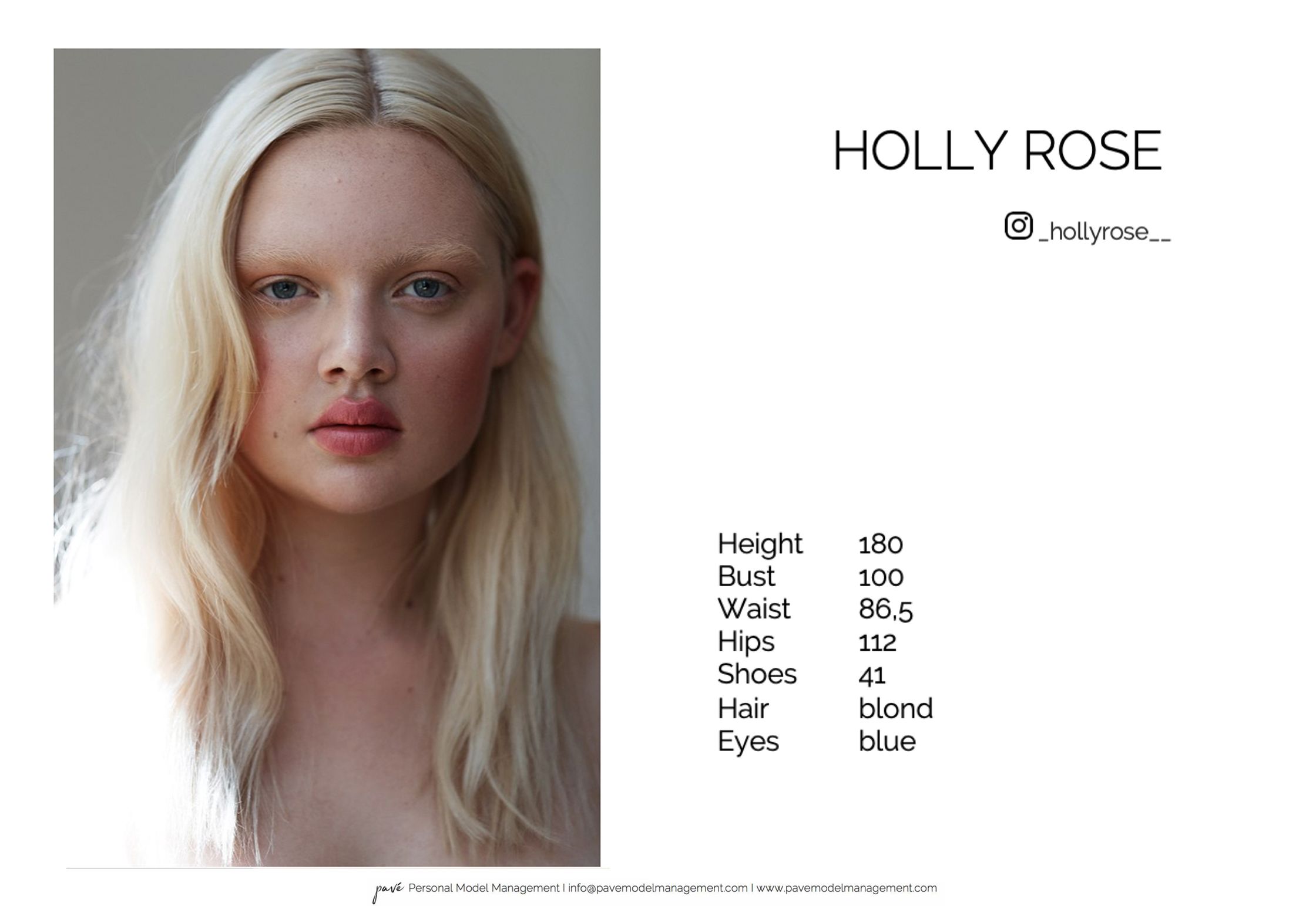 Professional headshot and measurements for model Holly Rose.