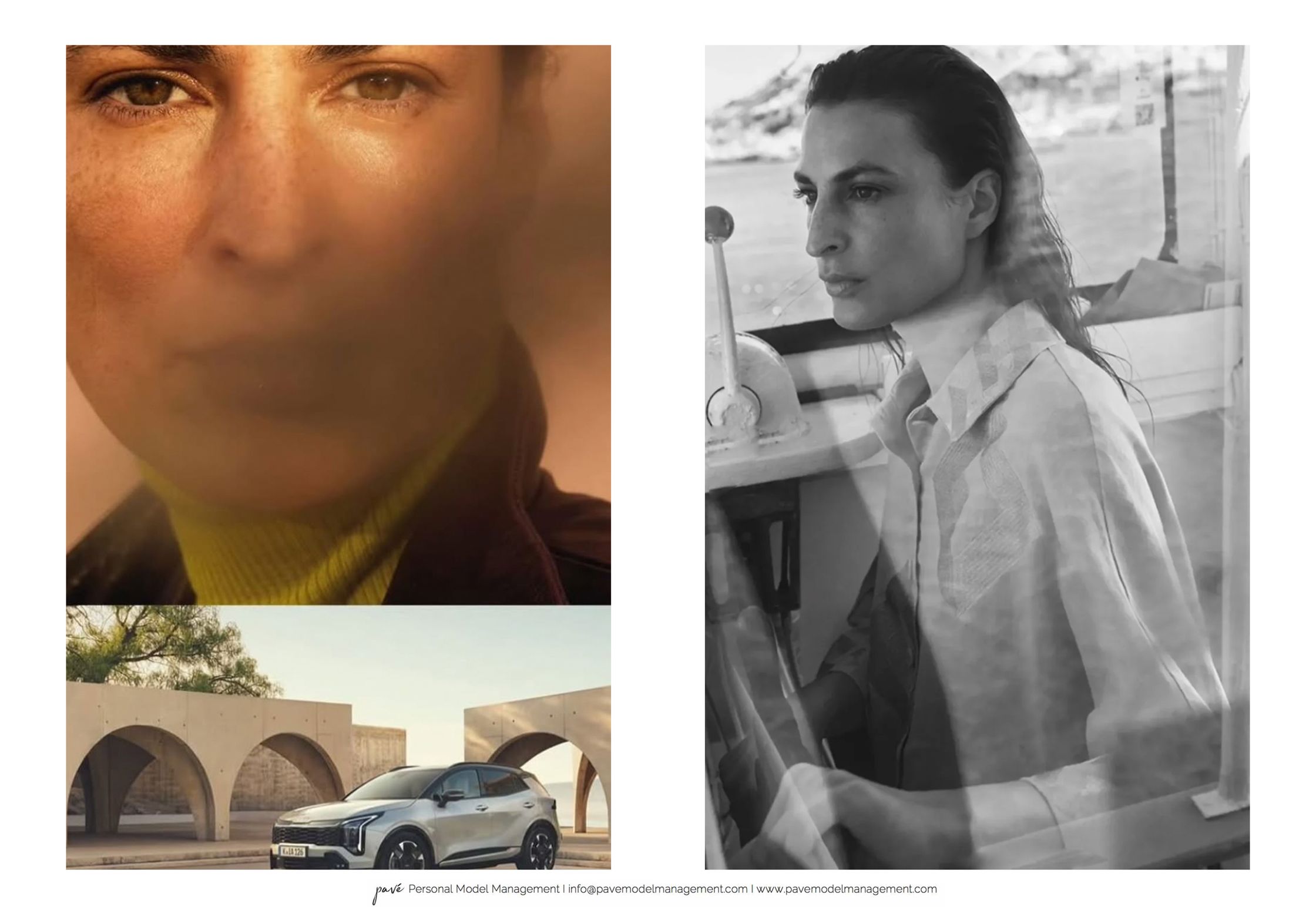A collage featuring a close-up of a woman's face, a black and white image of a woman on a boat, and a silver car parked in front of arched buildings.
