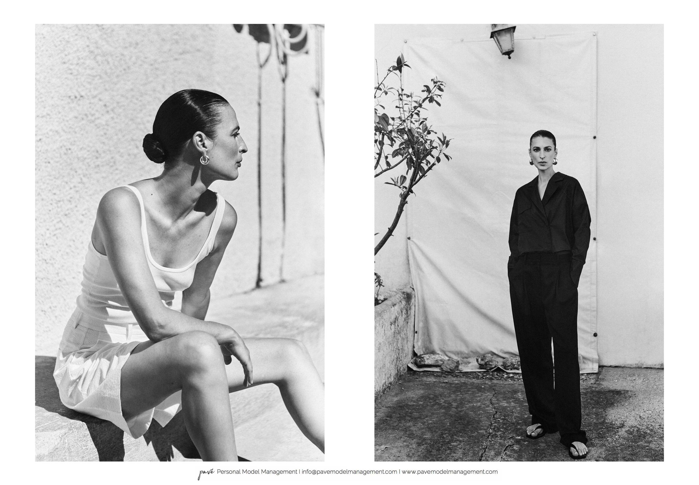 Two black and white photos: one of a woman sitting and looking right, the other of the same woman standing and facing forward.