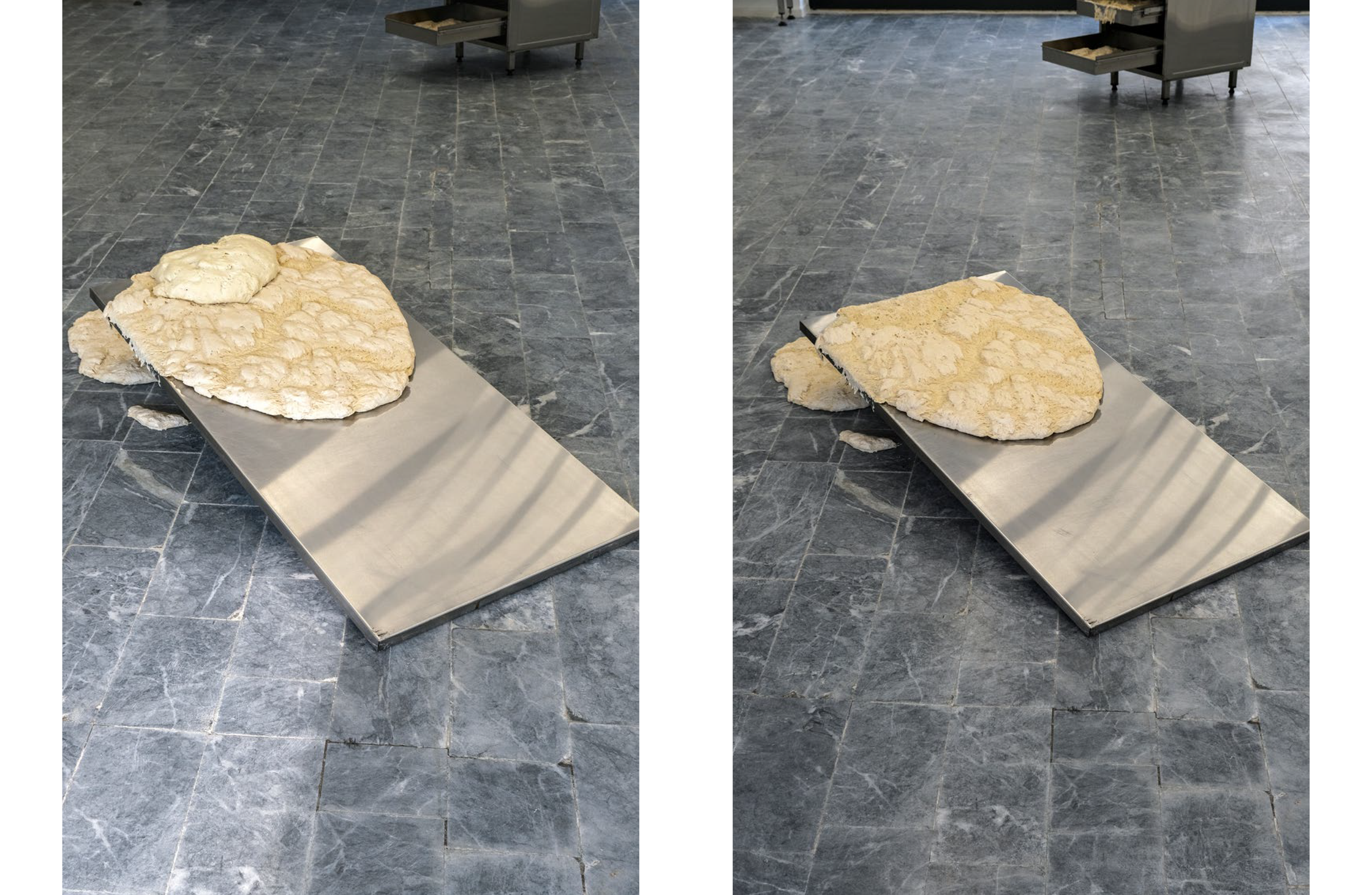 A diptych showing a large, flat, irregularly shaped piece of pale dough resting on a tilted metal surface on a gray tiled floor, with a metal cart visible in the background.