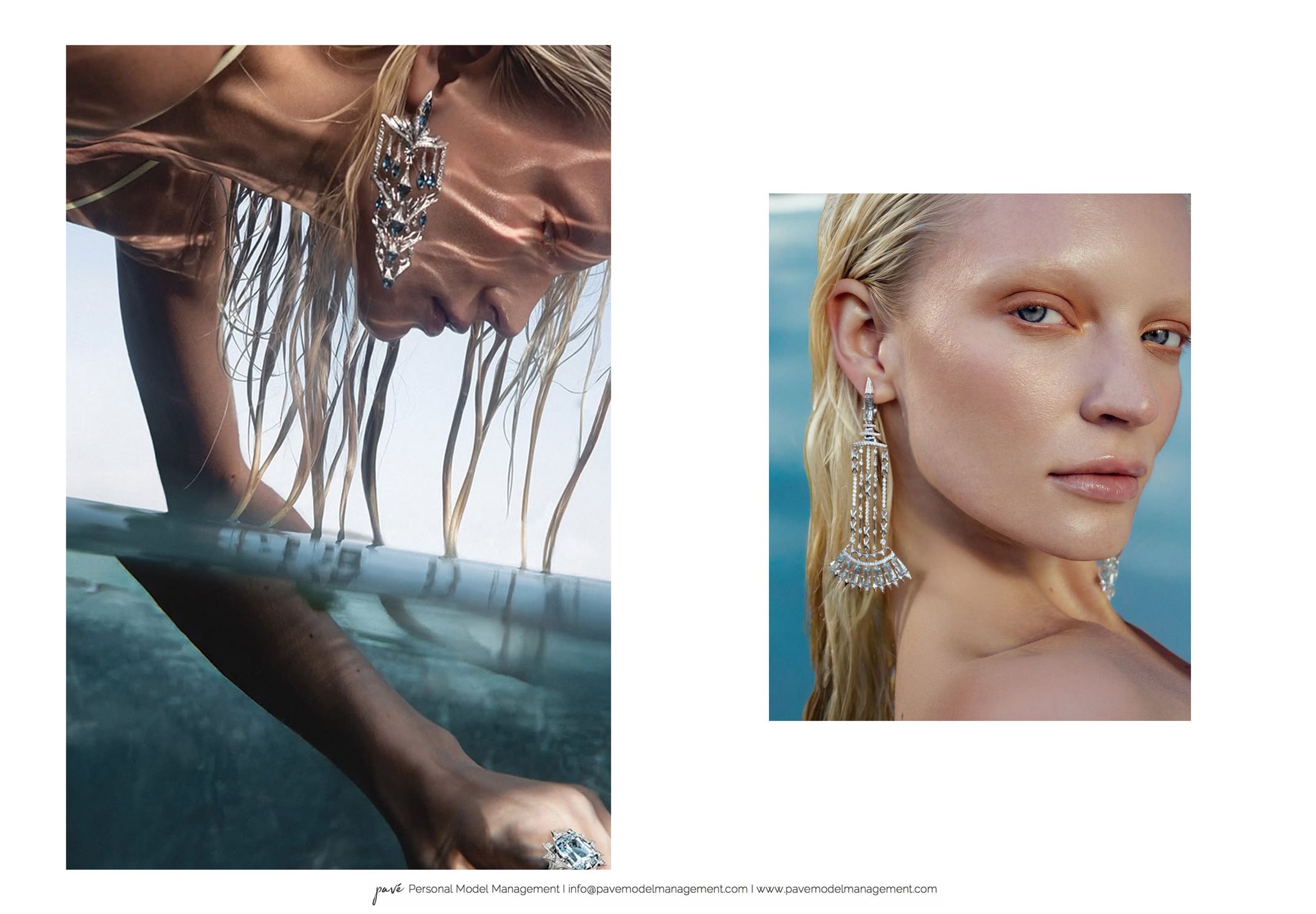 A model with wet blonde hair in two frames, one showing her leaning over water and the other a close-up of her face and dangling earrings.