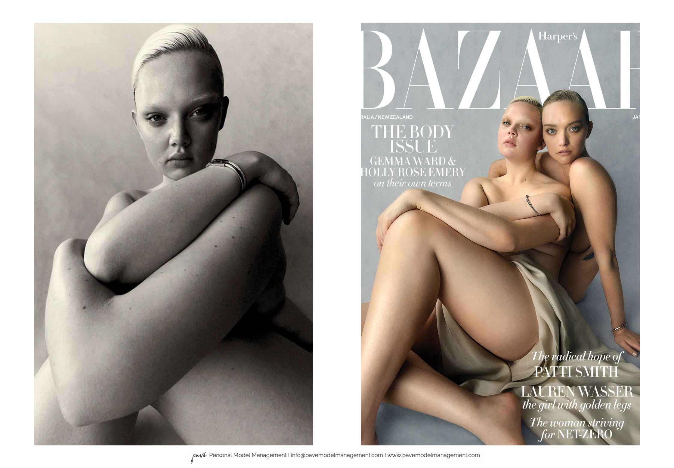Left image is a black and white shot of a woman with short blonde hair and light colored eyes looking directly at the camera, her arms are crossed over her chest while the right image is a color photo of two women, one with short blonde hair, whose arm is wrapped around the other woman from behind both in a pose similar to the left image.