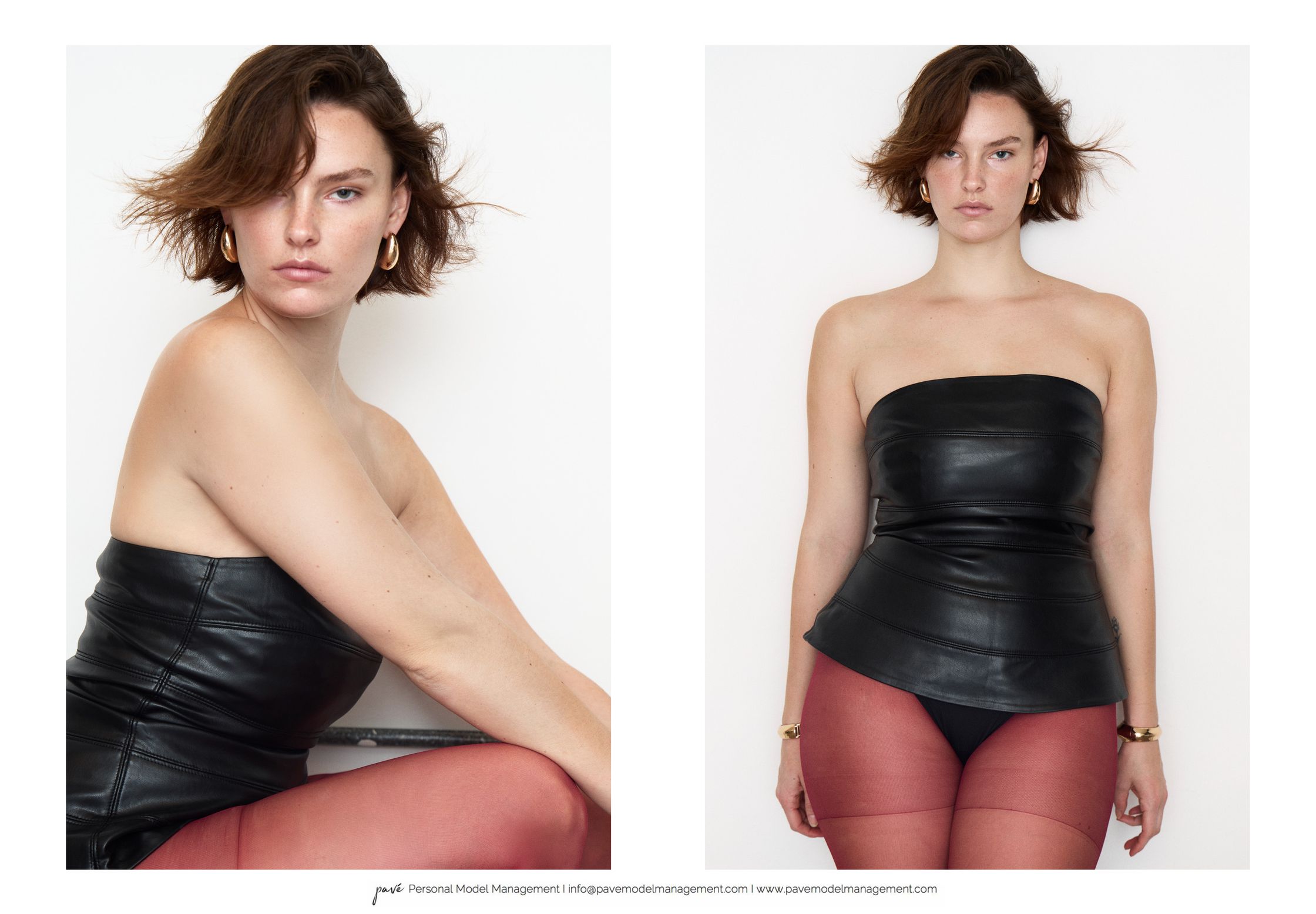Two studio portraits of a woman with short brown hair in a black leather strapless top and red tights.