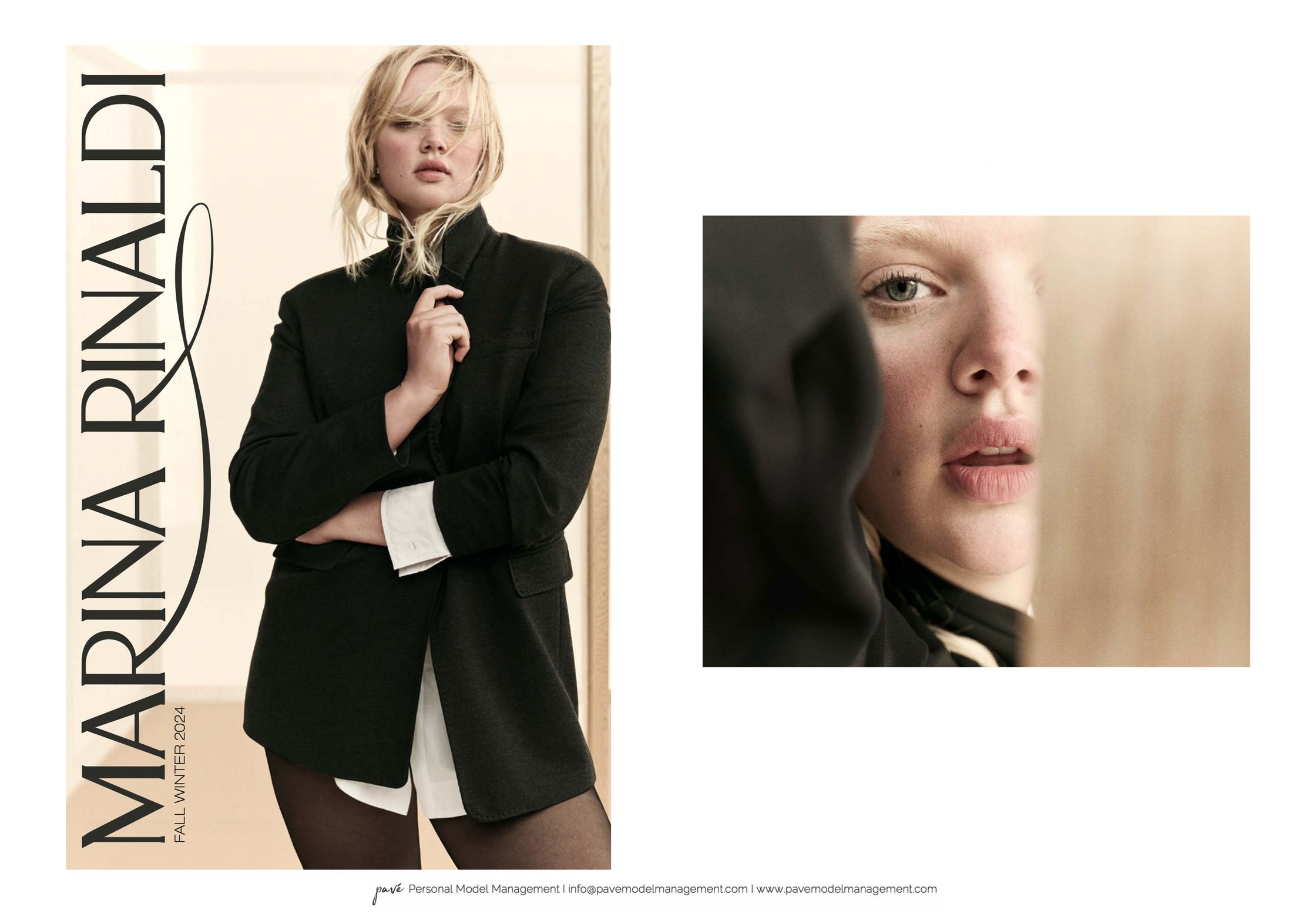 A blonde woman in a black jacket and sheer tights, with text "MARINA RINALDI" on the left, next to a close-up of a second woman's face.