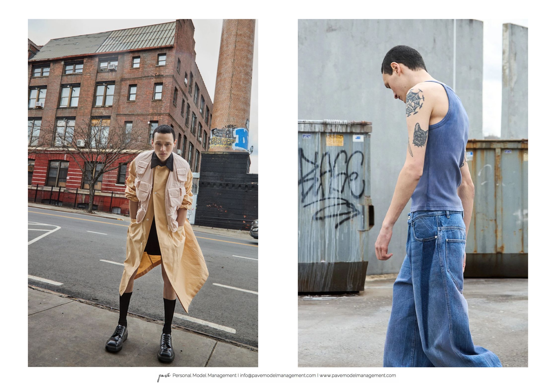Two split images show a model in a light yellow jacket and black shoes on the left and a model in a blue tank top and baggy jeans on the right.