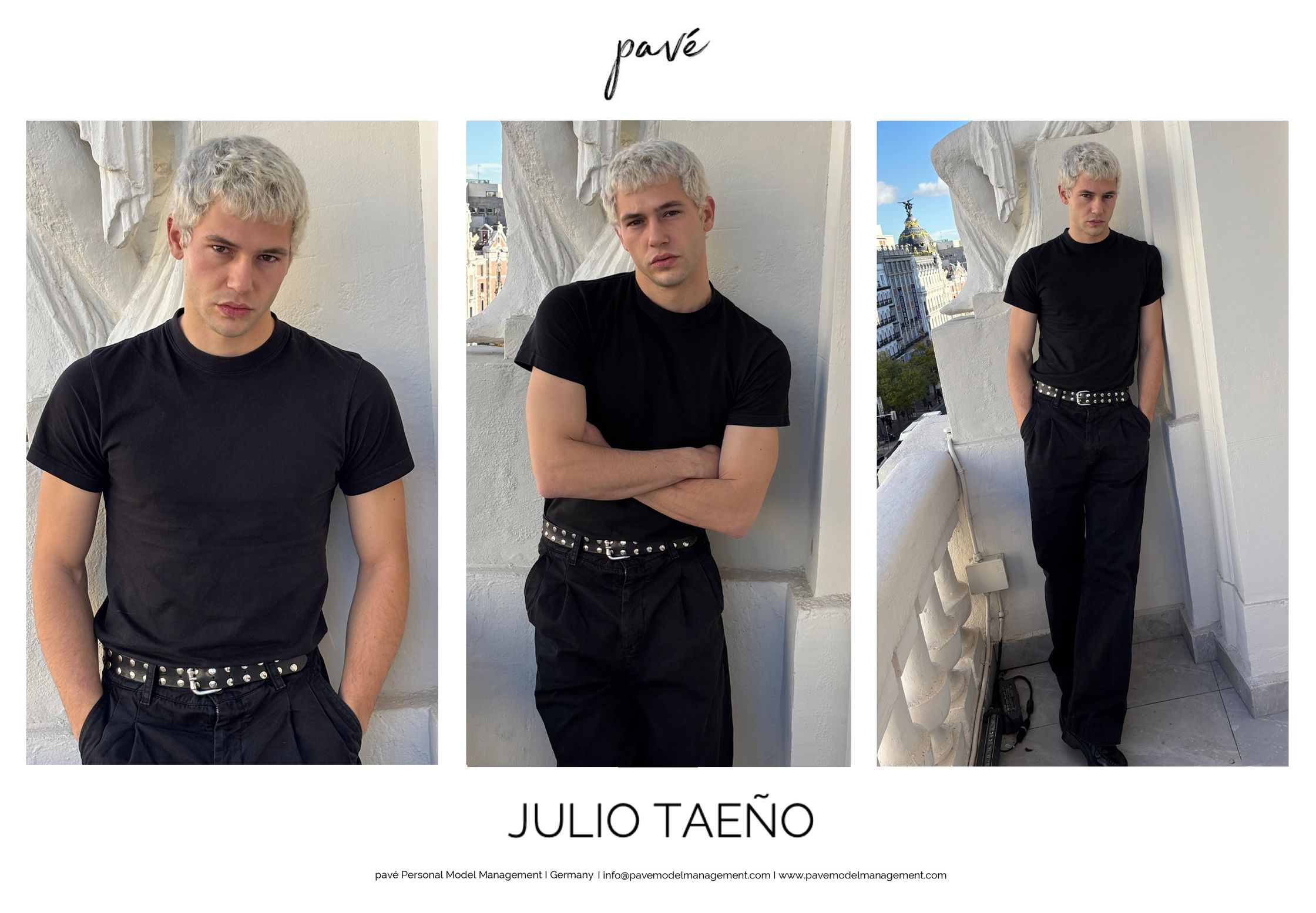 Studio shots of Julio Taeño in a black t-shirt and pants with a studded belt against a white background.