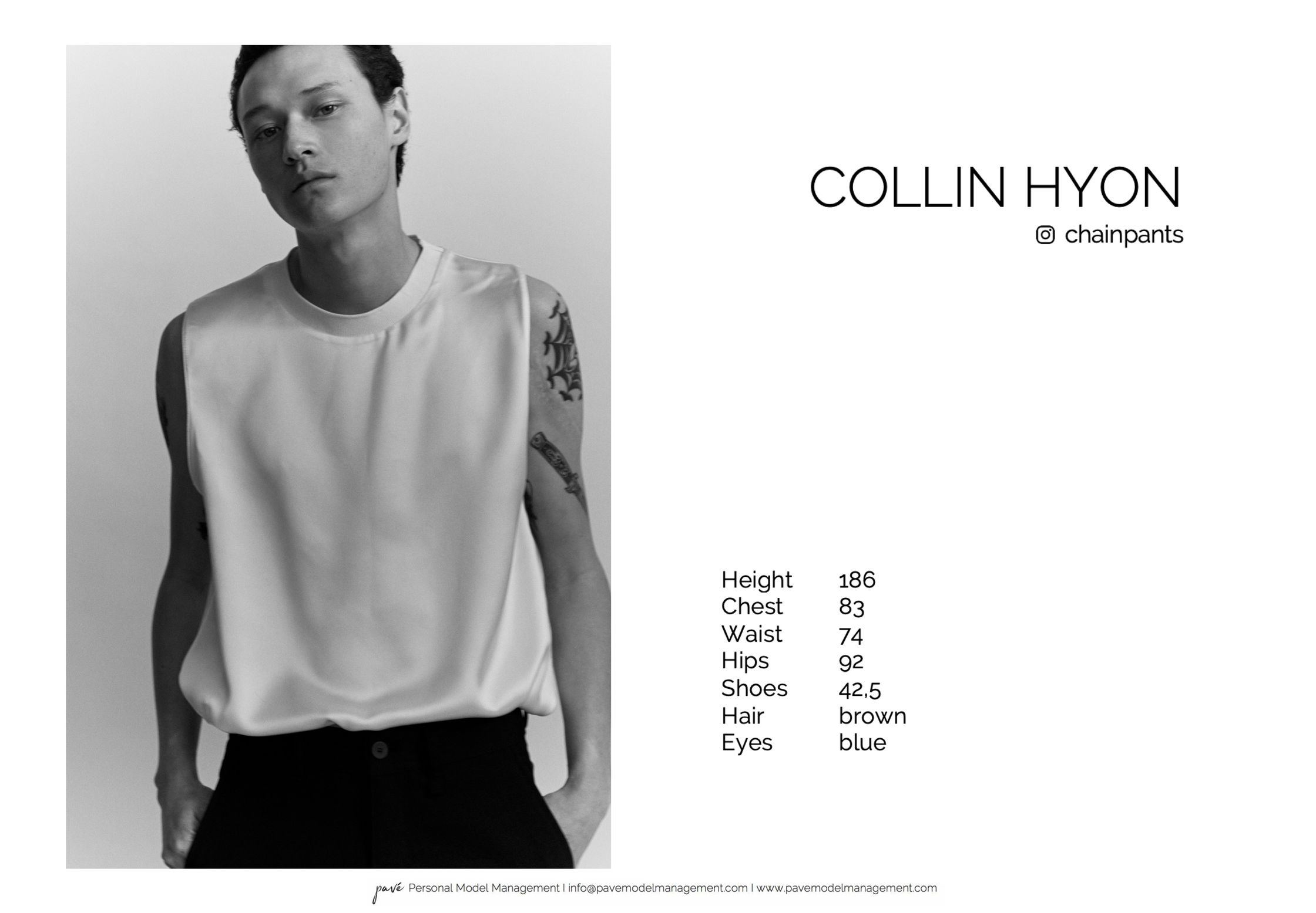 Headshot of Collin Hyon, a male model with his stats listed.