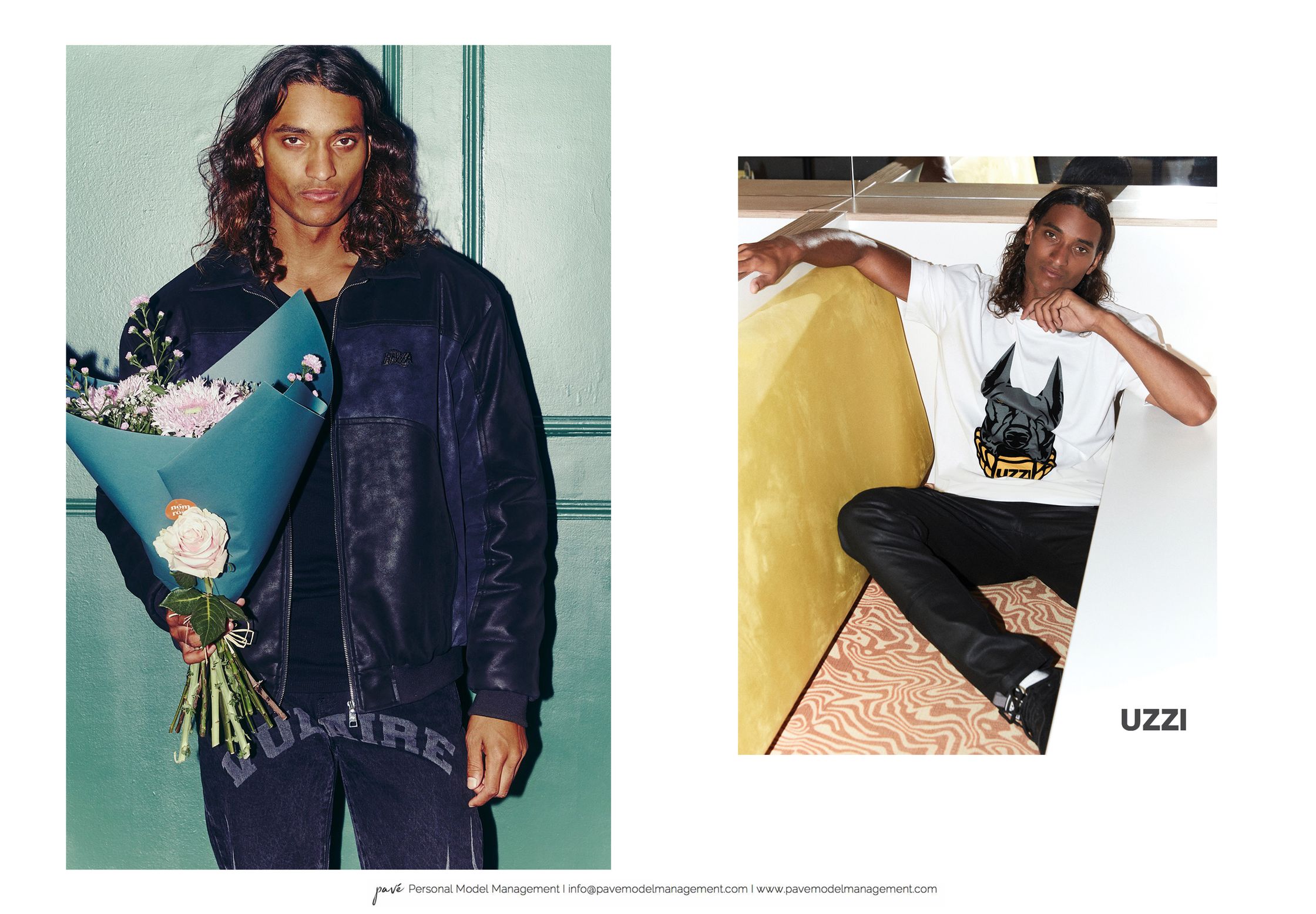 A male model with long, dark, wavy hair wears a dark blue jacket and holds a bouquet of flowers in one image, and sits wearing a white t-shirt with a dog graphic in another.