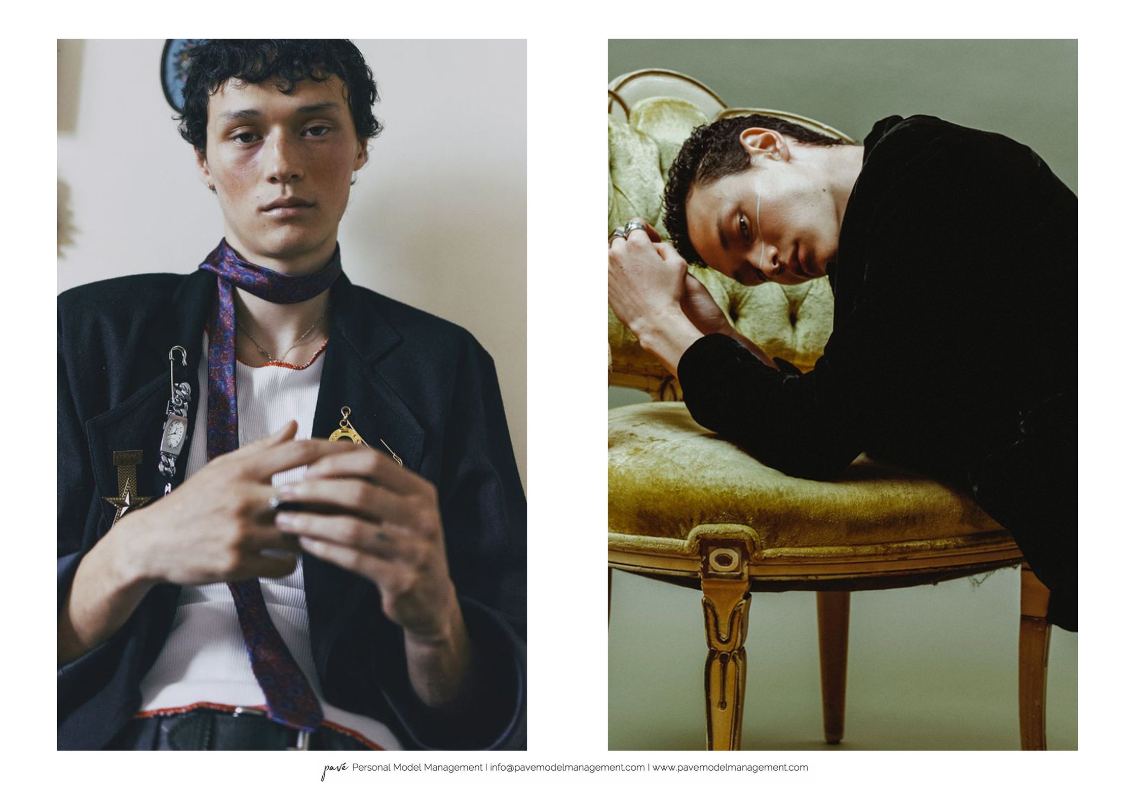 A two-panel image of a young man, dressed in a dark jacket embellished with pins and a patterned tie, with the left panel showing him looking directly at the camera and the right panel showing him leaning on an ornate yellow velvet chair.