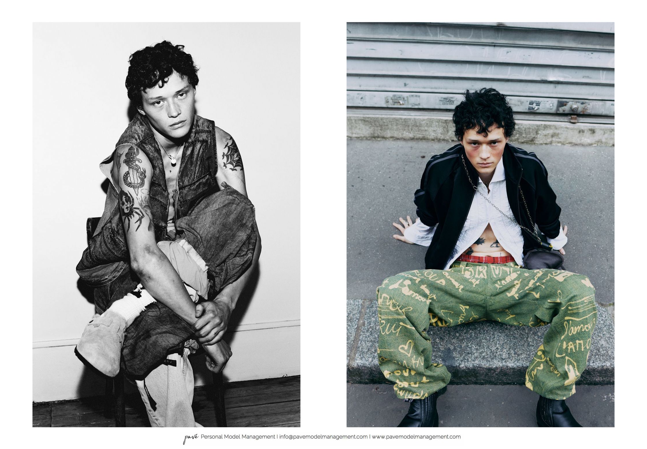 Two images show a young man with tattoos, one in black and white sitting on a chair, the other in color sitting on the ground.