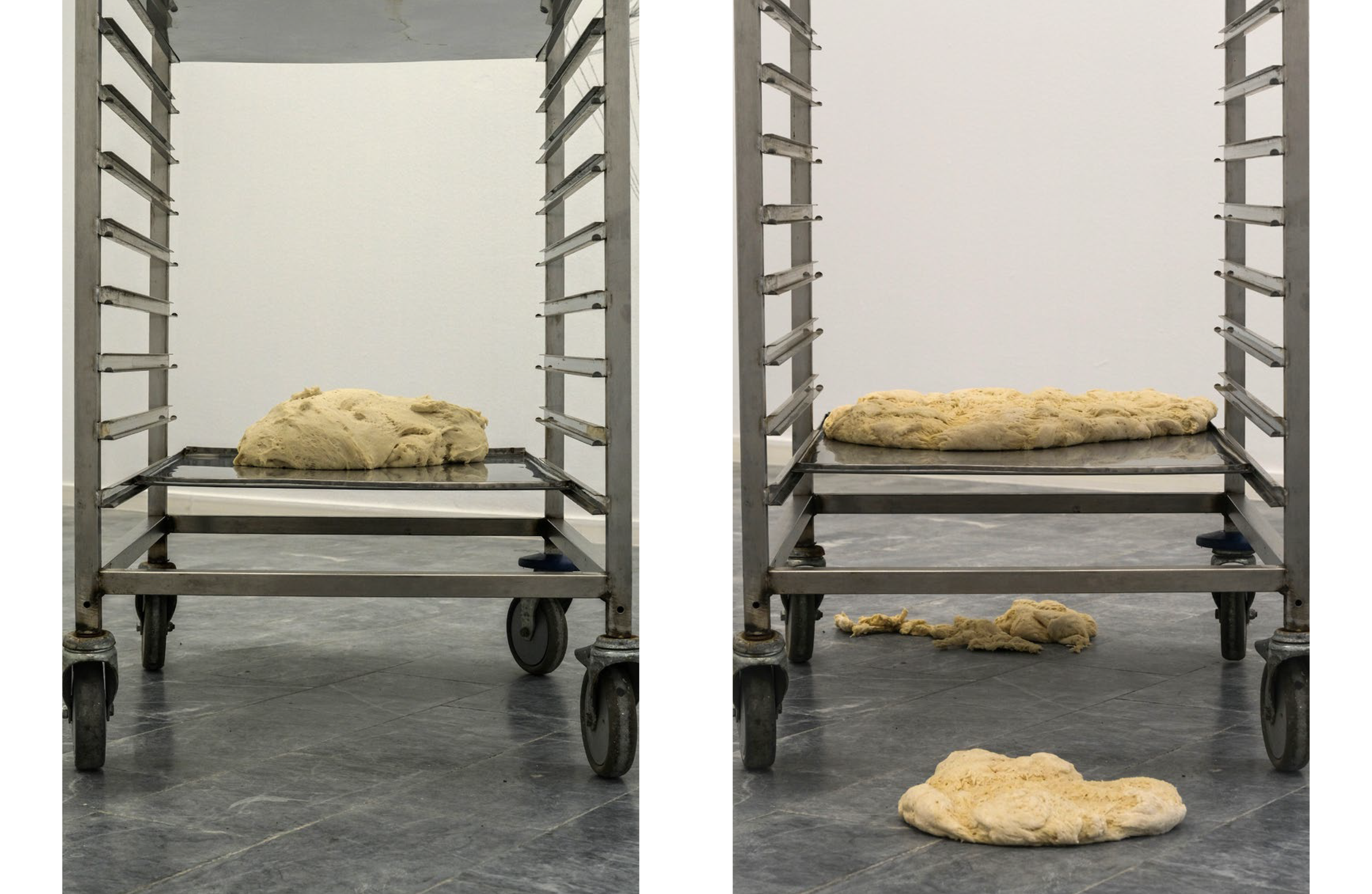 Two images juxtaposed show dough on a baking rack: on the left, the dough is in a single mound; on the right, it has spread out, with some falling to the floor.