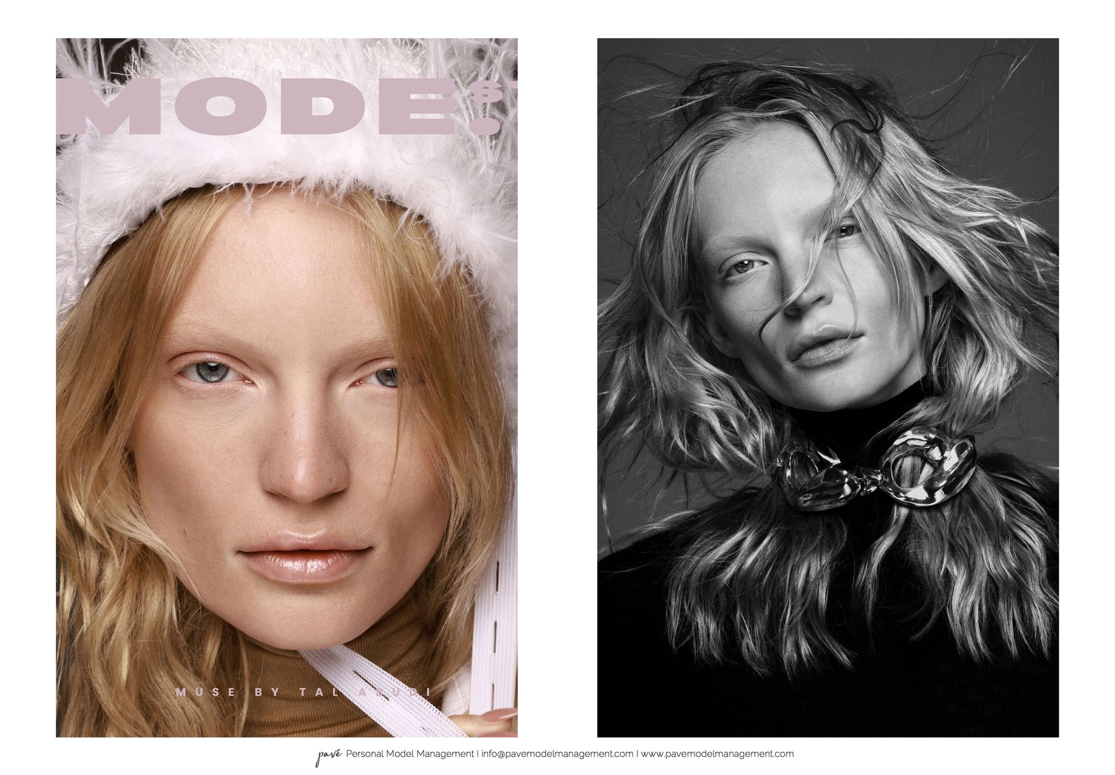 Two portraits of the same woman, one in color with a feathery hat and another in black and white with a sculpted necklace.