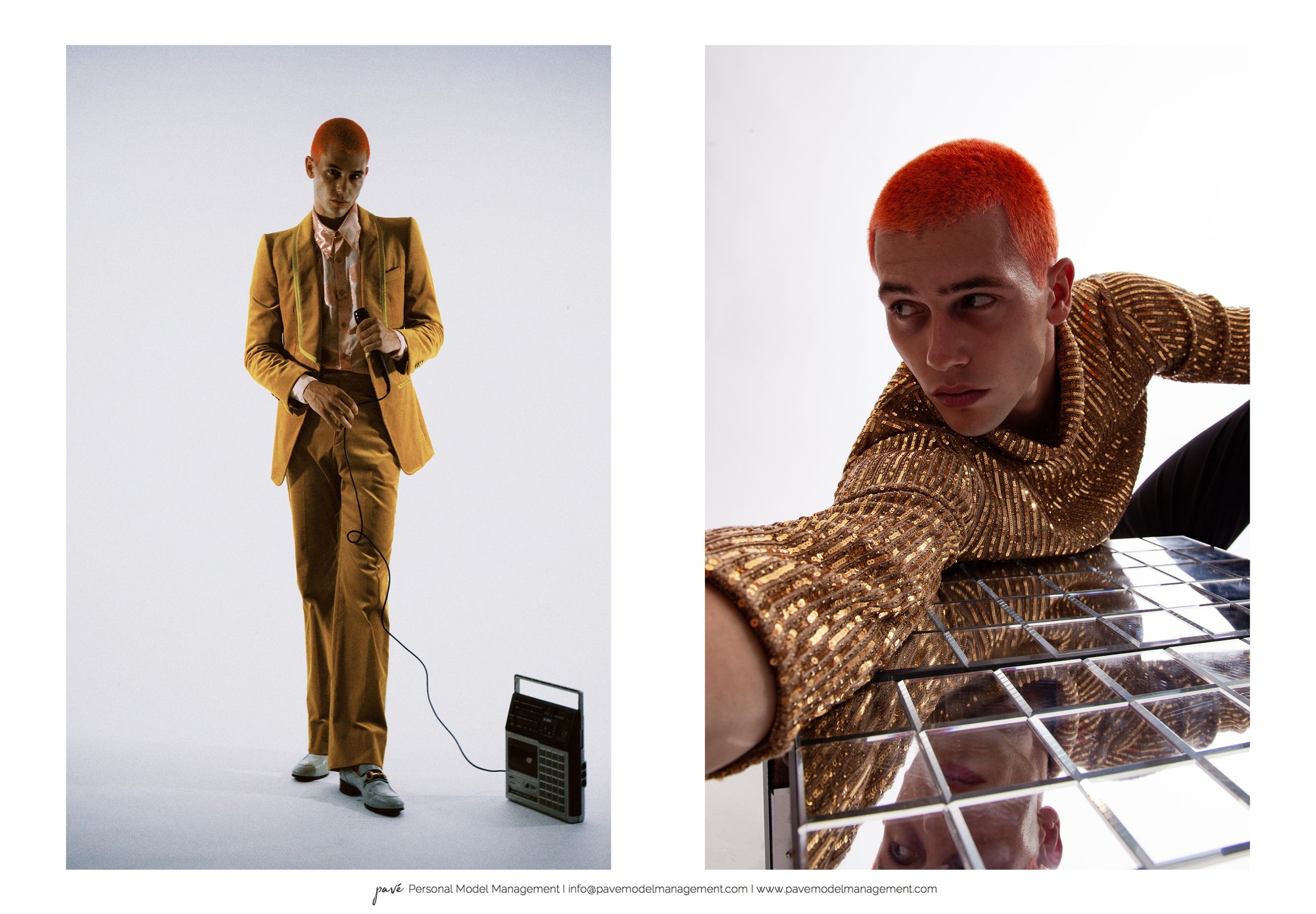 A person with orange hair shown in two different poses, one standing in a gold suit and holding a microphone, and the other wearing a sequined gold shirt and looking into a mirrored surface.